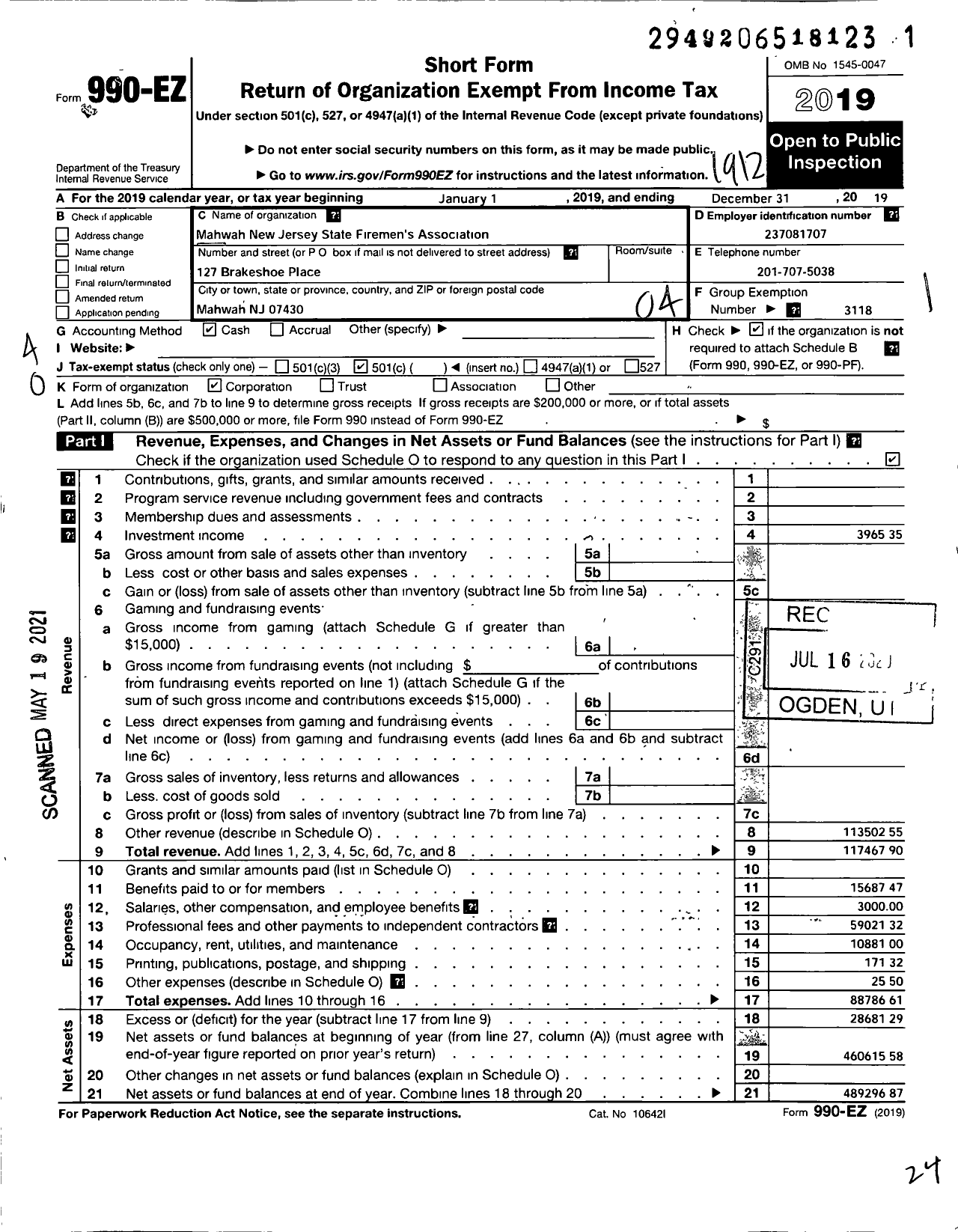 Image of first page of 2019 Form 990EO for New Jersey State Firemen's Association - Mahwah