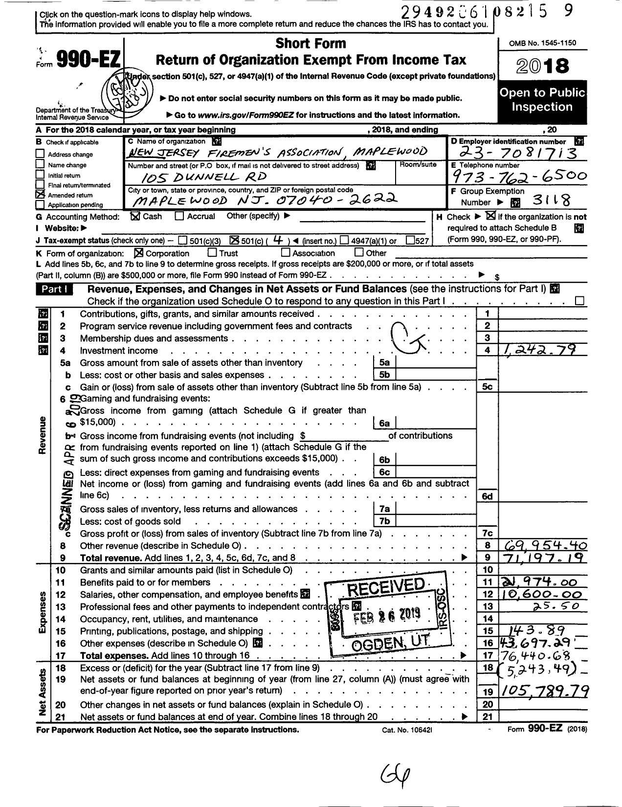 Image of first page of 2018 Form 990EO for New Jersey State Firemen's Association - Maplewood