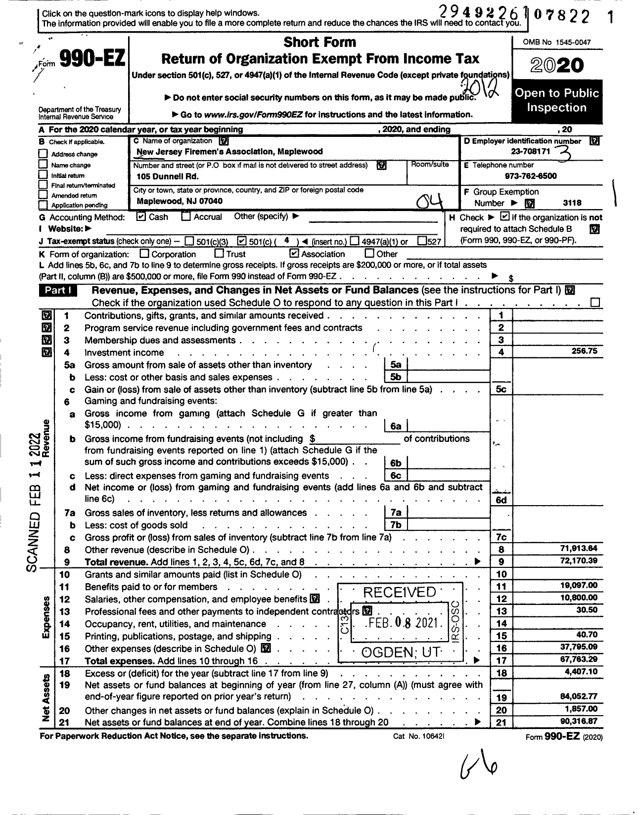 Image of first page of 2020 Form 990EO for New Jersey State Firemen's Association - Maplewood