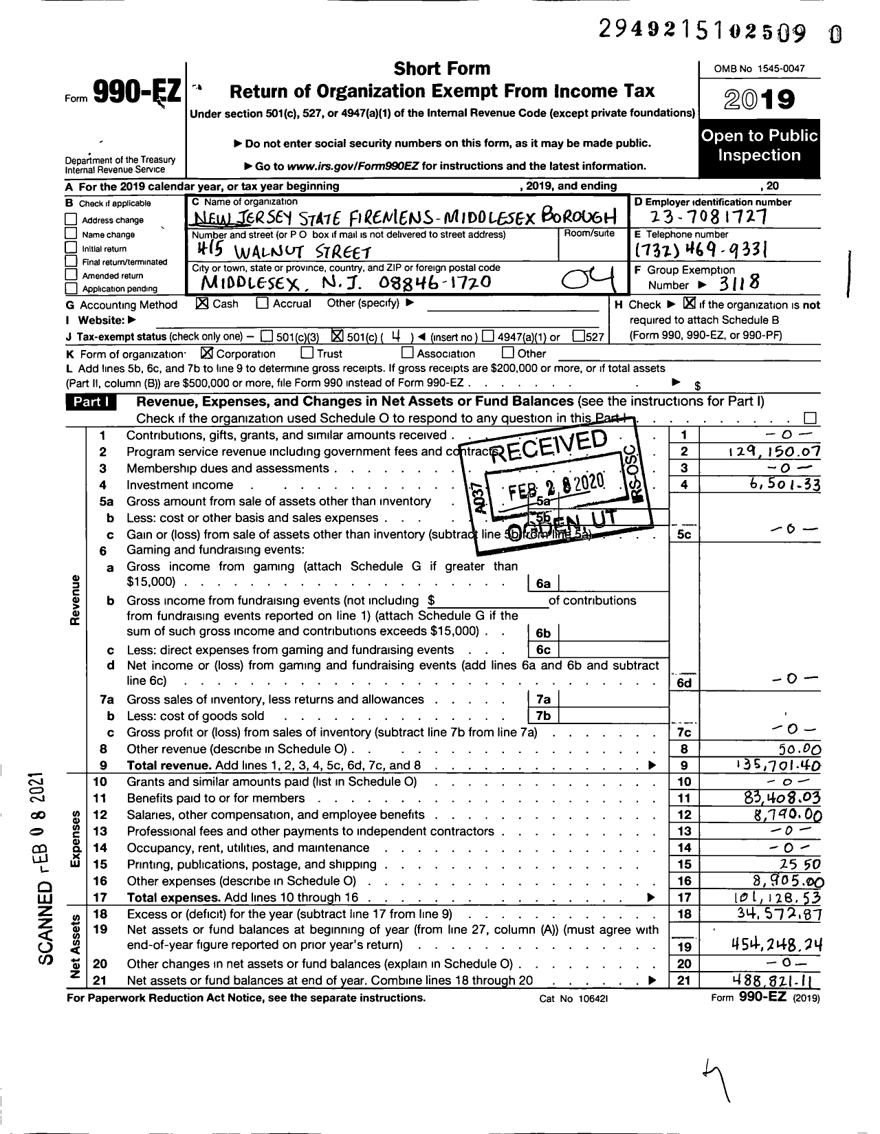 Image of first page of 2019 Form 990EO for NEW JERSEY STATE Firemen's ASSOCIATION - Middlesex Borough