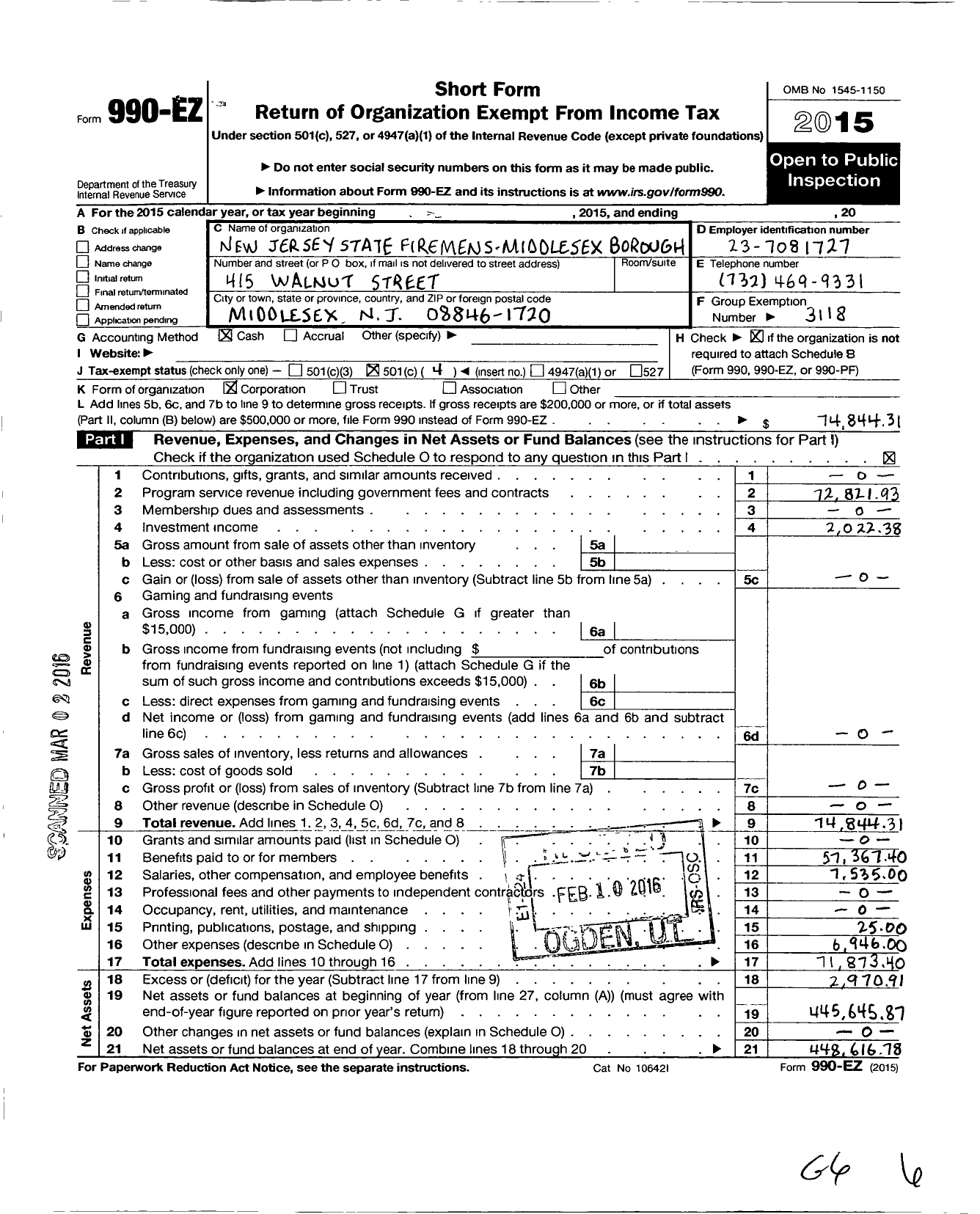 Image of first page of 2015 Form 990EO for NEW JERSEY STATE Firemen's ASSOCIATION - Middlesex Borough
