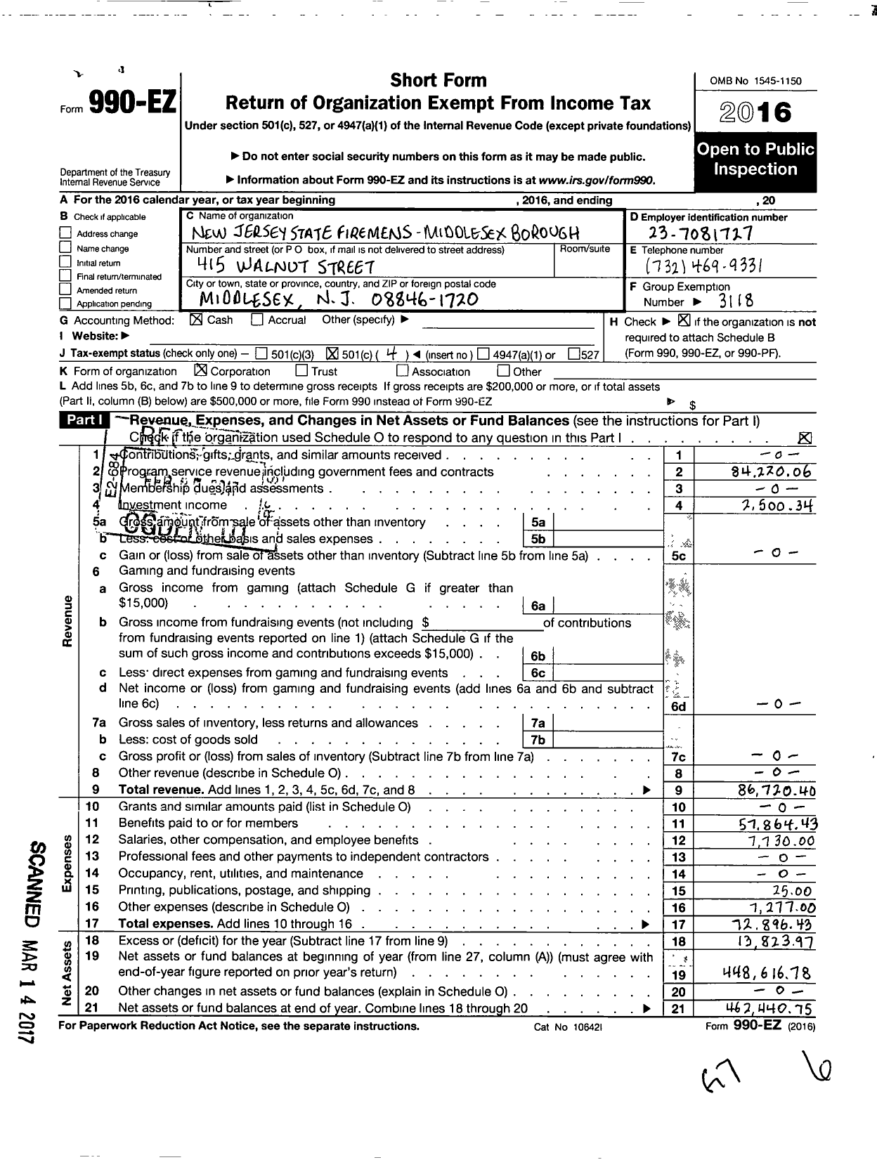 Image of first page of 2016 Form 990EO for NEW JERSEY STATE Firemen's ASSOCIATION - Middlesex Borough
