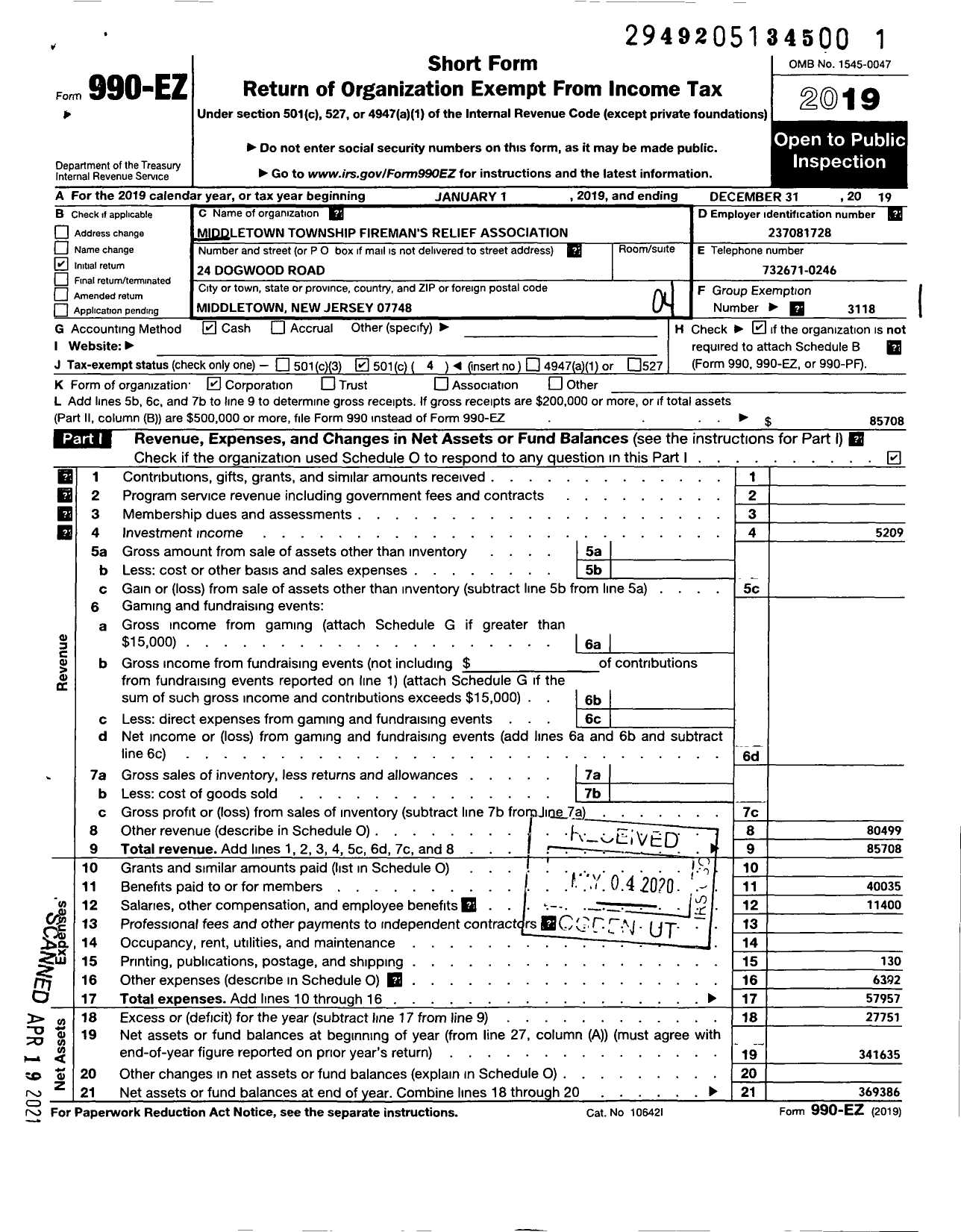 Image of first page of 2019 Form 990EO for New Jersey State Firemen's Association - Middletown TWSP