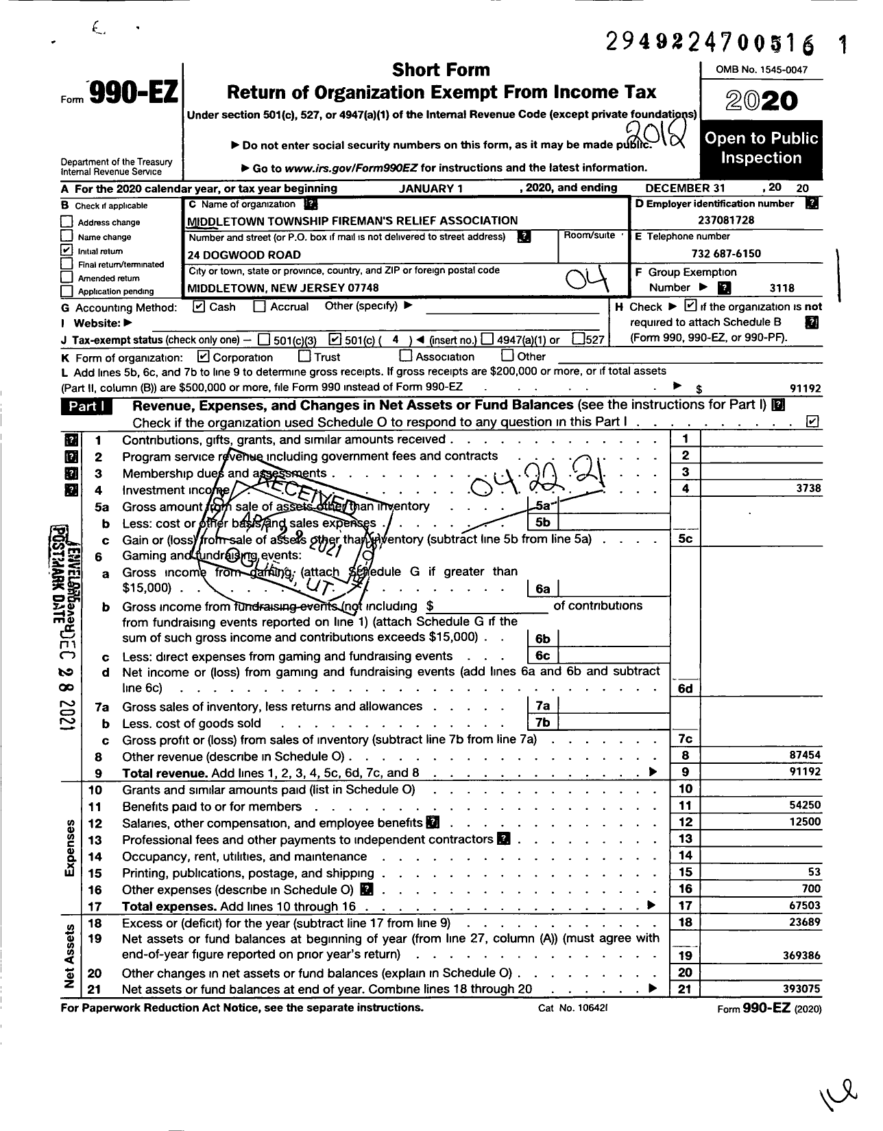 Image of first page of 2020 Form 990EO for New Jersey State Firemen's Association - Middletown TWSP