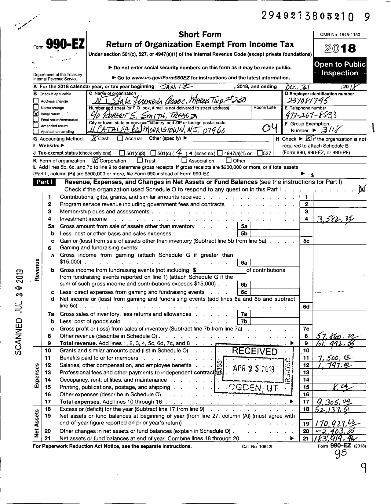 Image of first page of 2018 Form 990EO for New Jersey State Firemen's Association - Morris TWSP