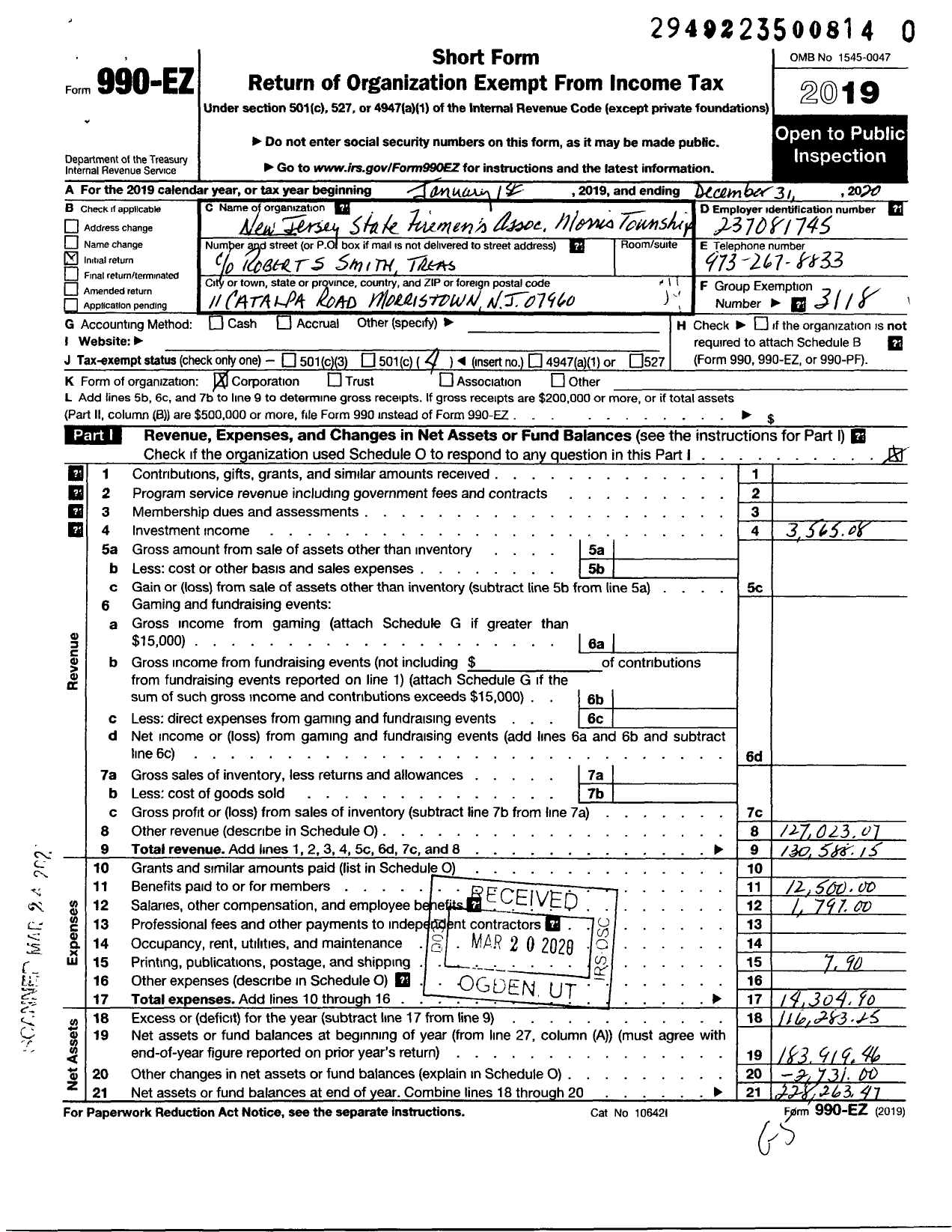 Image of first page of 2020 Form 990EO for New Jersey State Firemen's Association - Morris TWSP