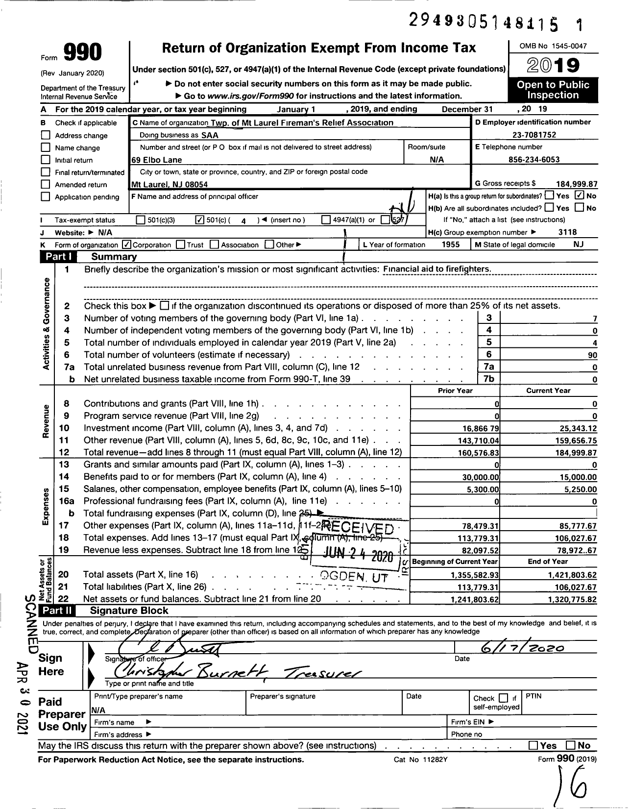 Image of first page of 2019 Form 990O for New Jersey State Firemen's Association - TWSP of MT Laurel