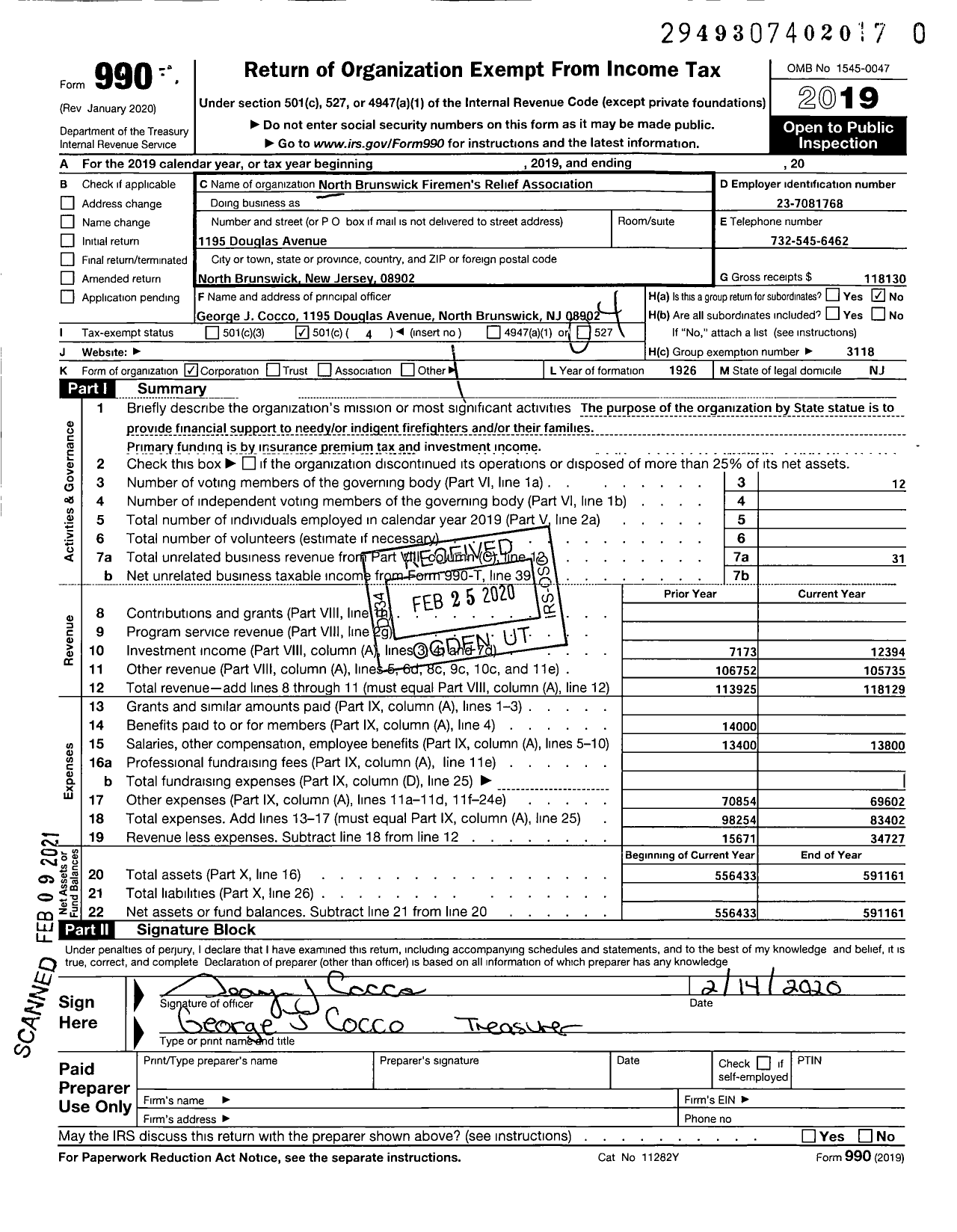 Image of first page of 2019 Form 990O for New Jersey State Firemen's Association - North Brunswick Firemen's Relief Association