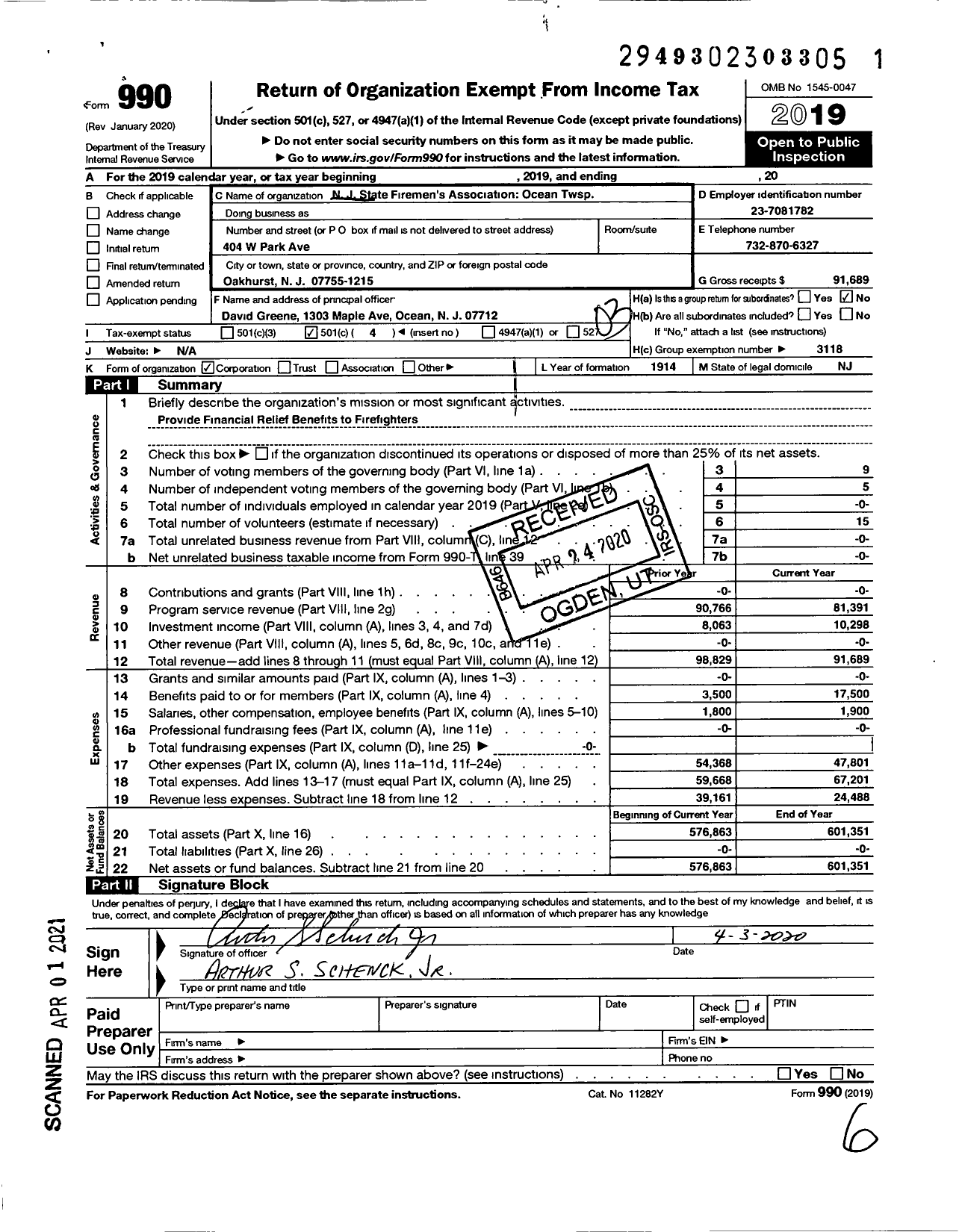 Image of first page of 2019 Form 990 for New Jersey State Firemen's Association - Ocean Twsp