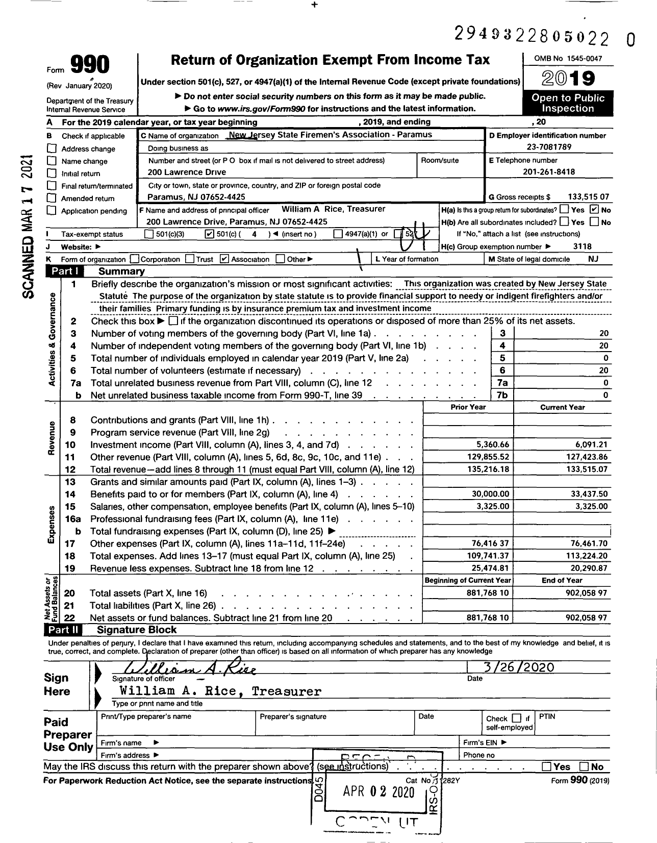 Image of first page of 2019 Form 990O for New Jersey State Firemen's Association - Paramus