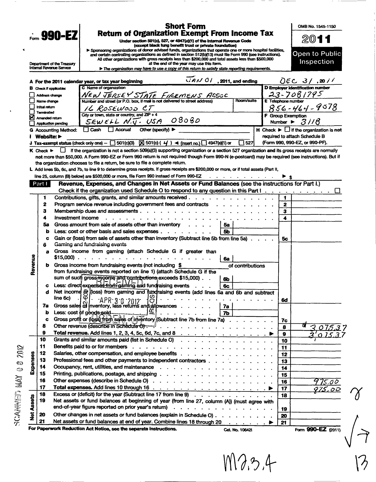 Image of first page of 2011 Form 990EO for New Jersey State Firemen's Association - Paulsboro