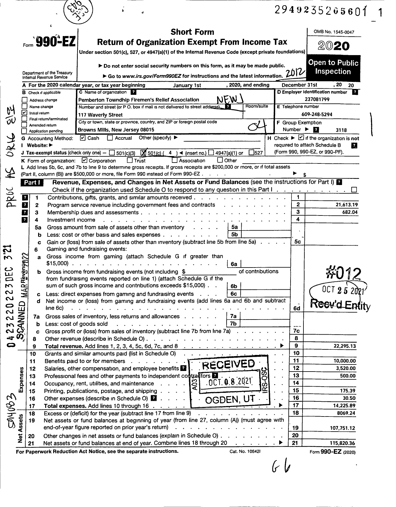 Image of first page of 2020 Form 990EO for New Jersey State Firemen's Association - Pemberton TWSP