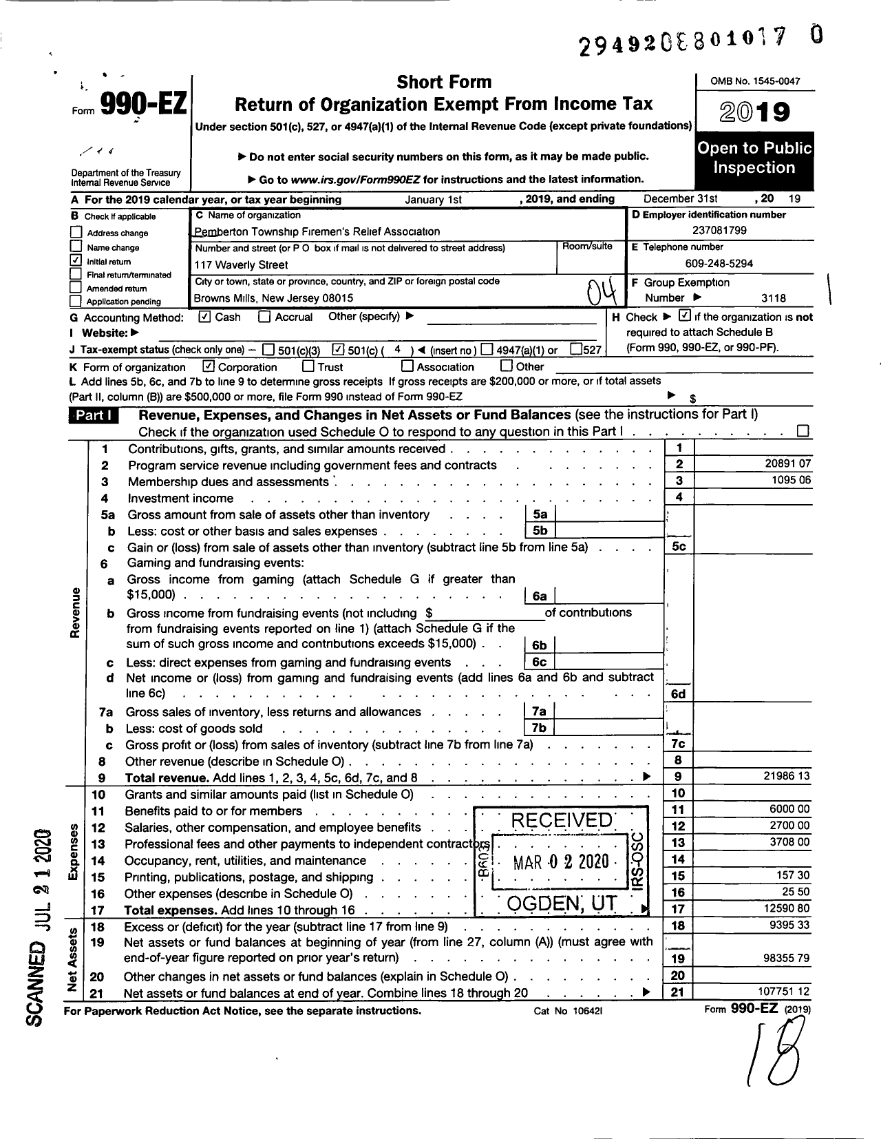 Image of first page of 2019 Form 990EO for New Jersey State Firemen's Association - Pemberton TWSP