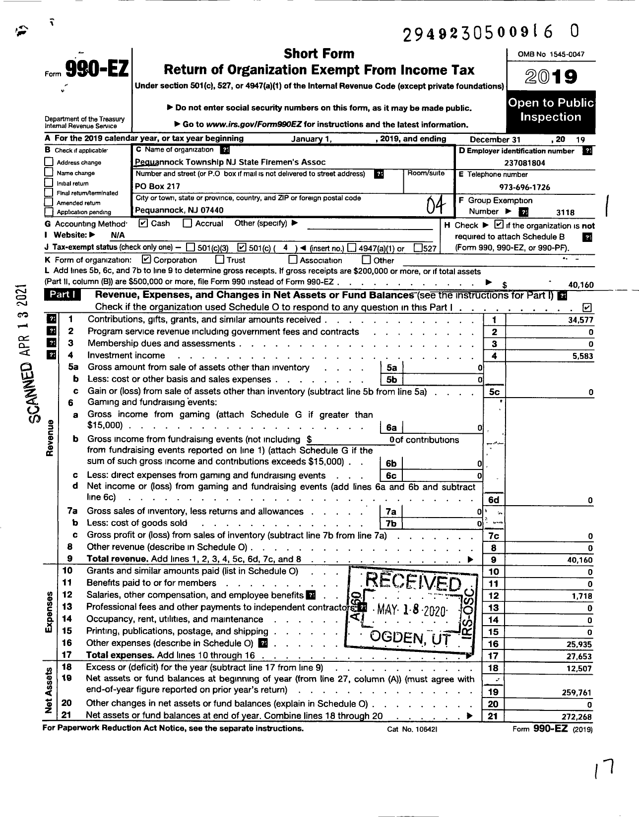 Image of first page of 2019 Form 990EO for New Jersey State Firemen's Association - Pequannock TWSP