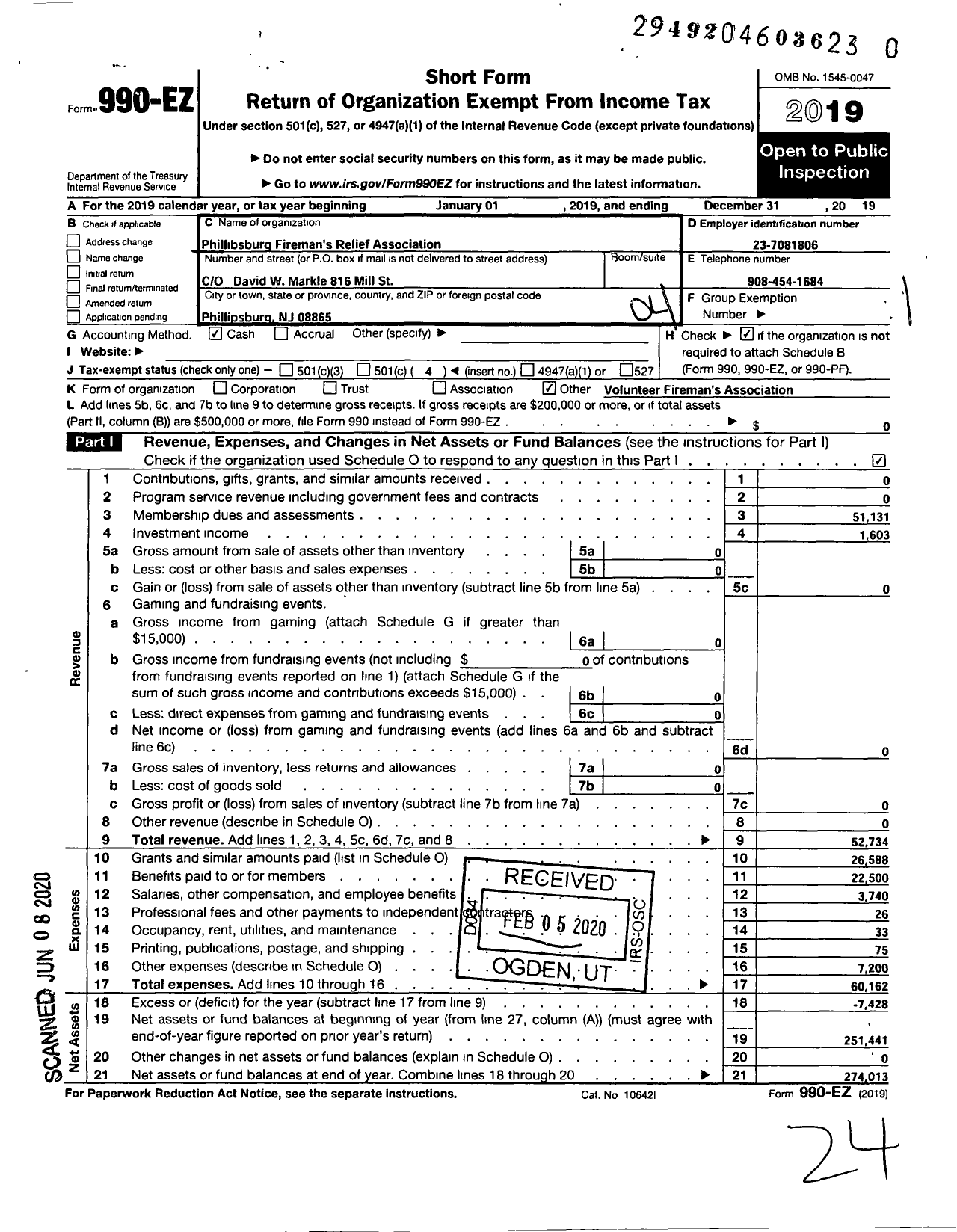 Image of first page of 2019 Form 990EO for New Jersey State Firemen's Association - Phillipsburg