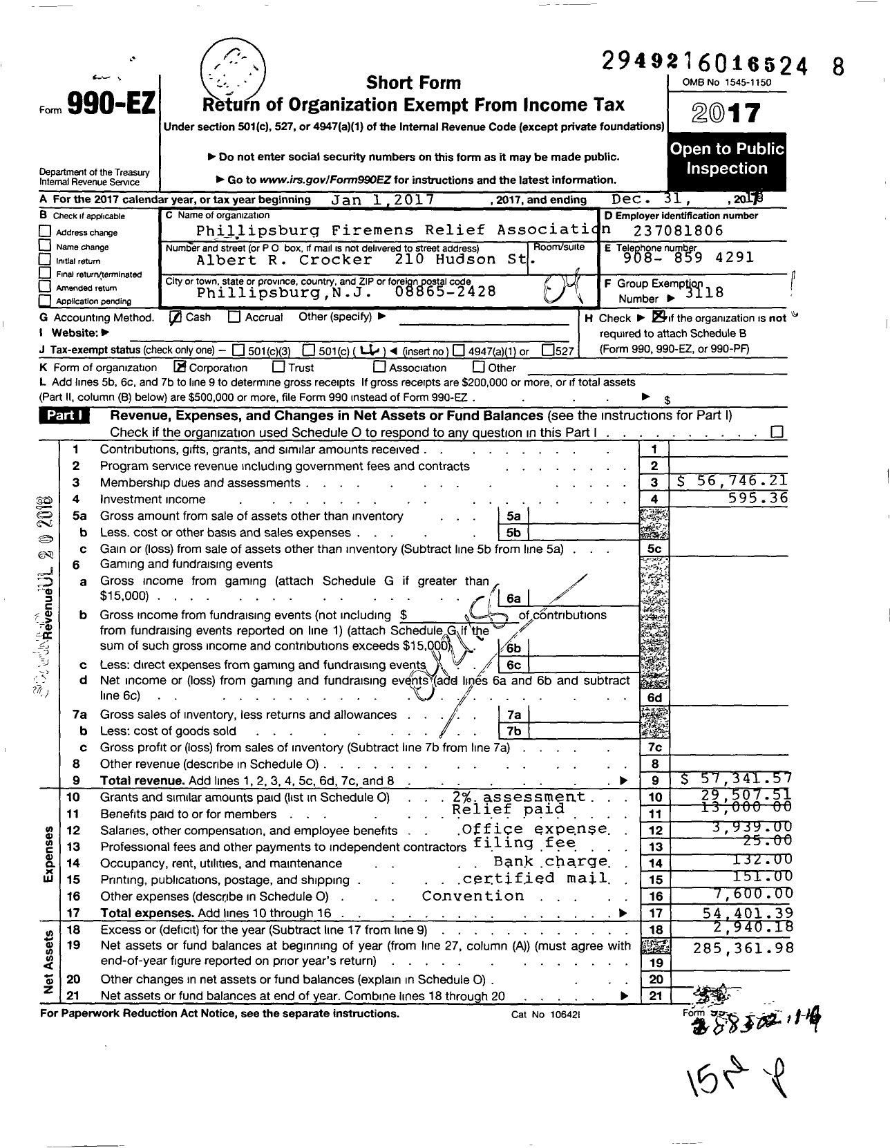 Image of first page of 2017 Form 990EO for New Jersey State Firemen's Association - Phillipsburg