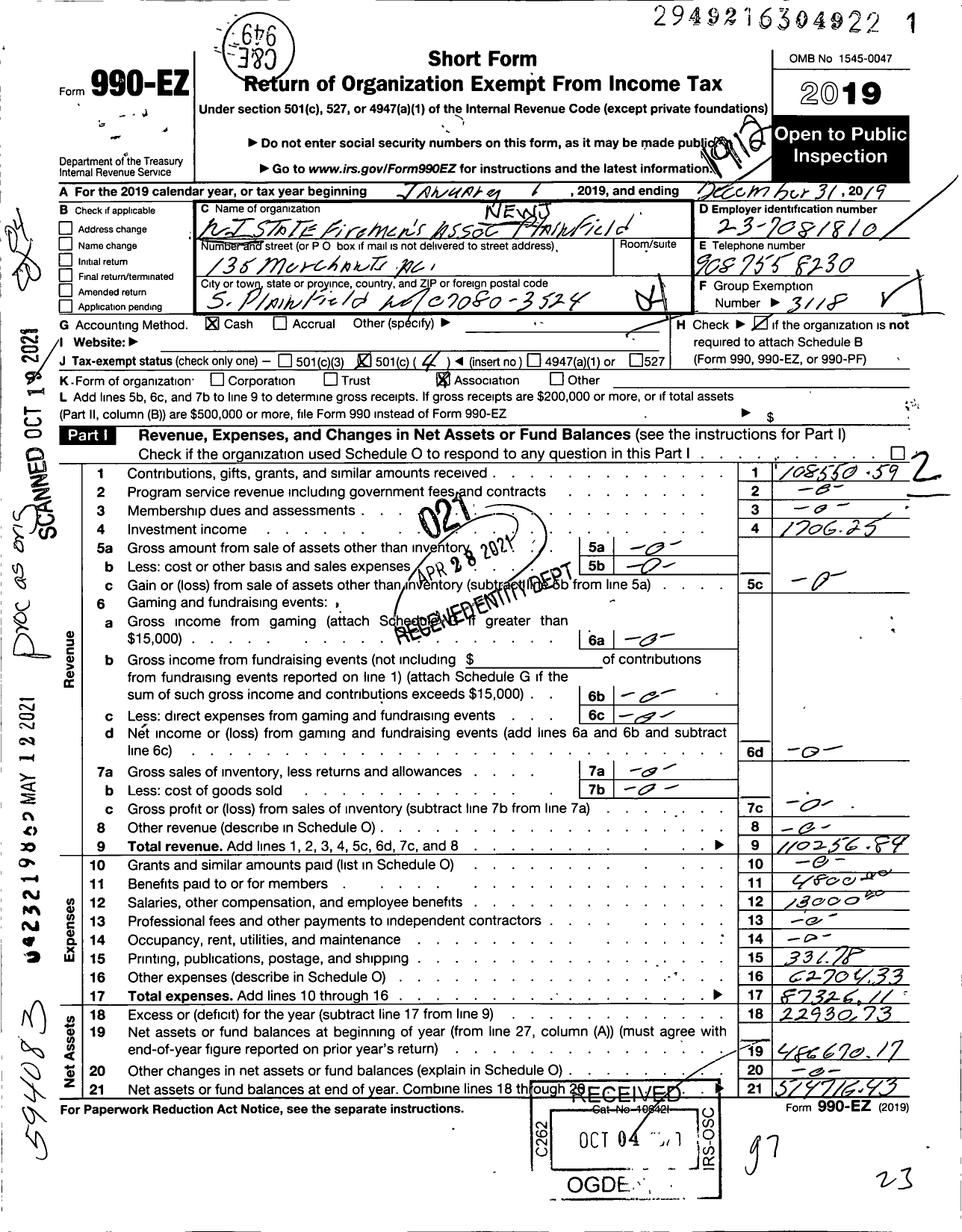 Image of first page of 2019 Form 990EO for New Jersey State Firemen's Association - Plainfield