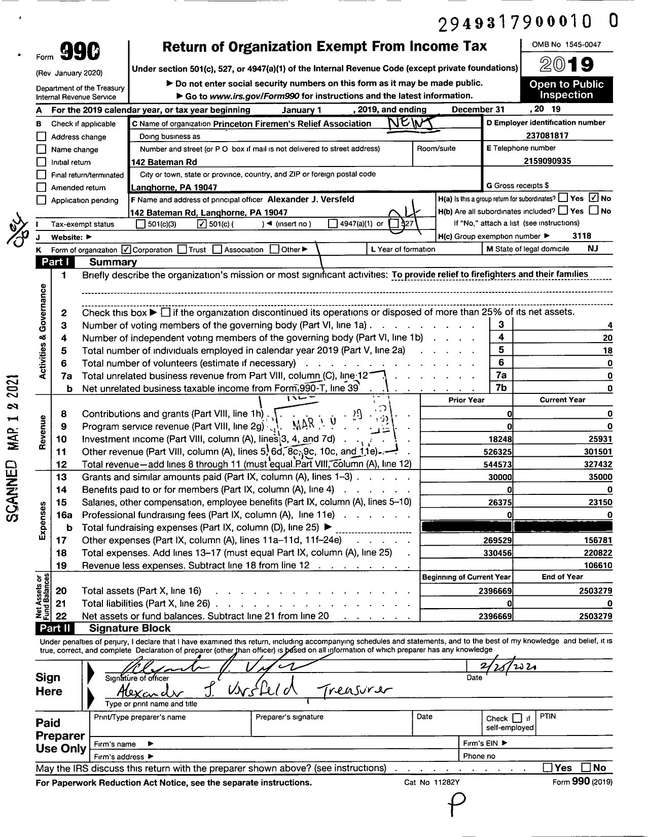 Image of first page of 2019 Form 990O for New Jersey State Firemen's Association - Princeton