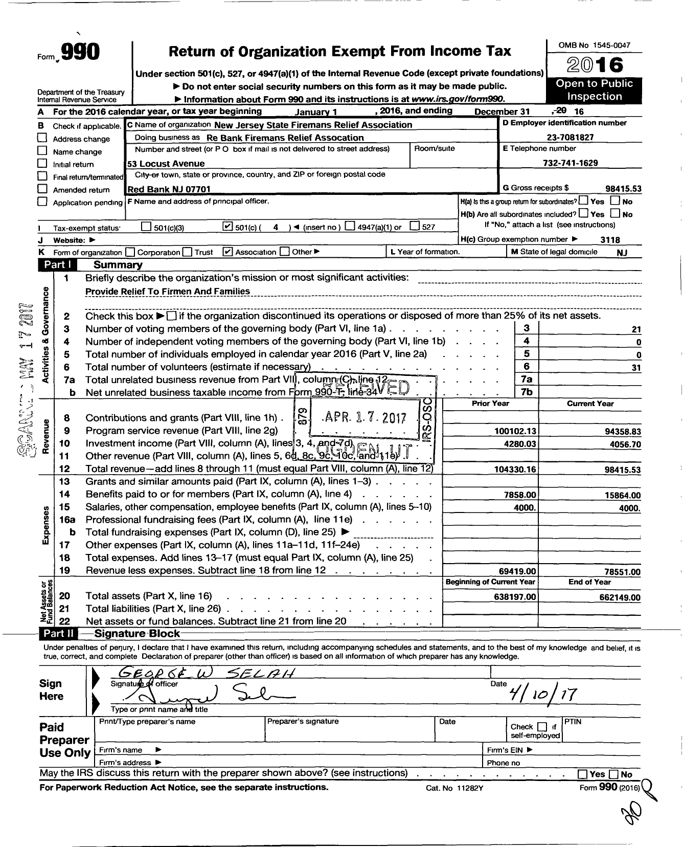 Image of first page of 2016 Form 990O for New Jersey State Firemen's Association - Red Bank Firemans Relief Association