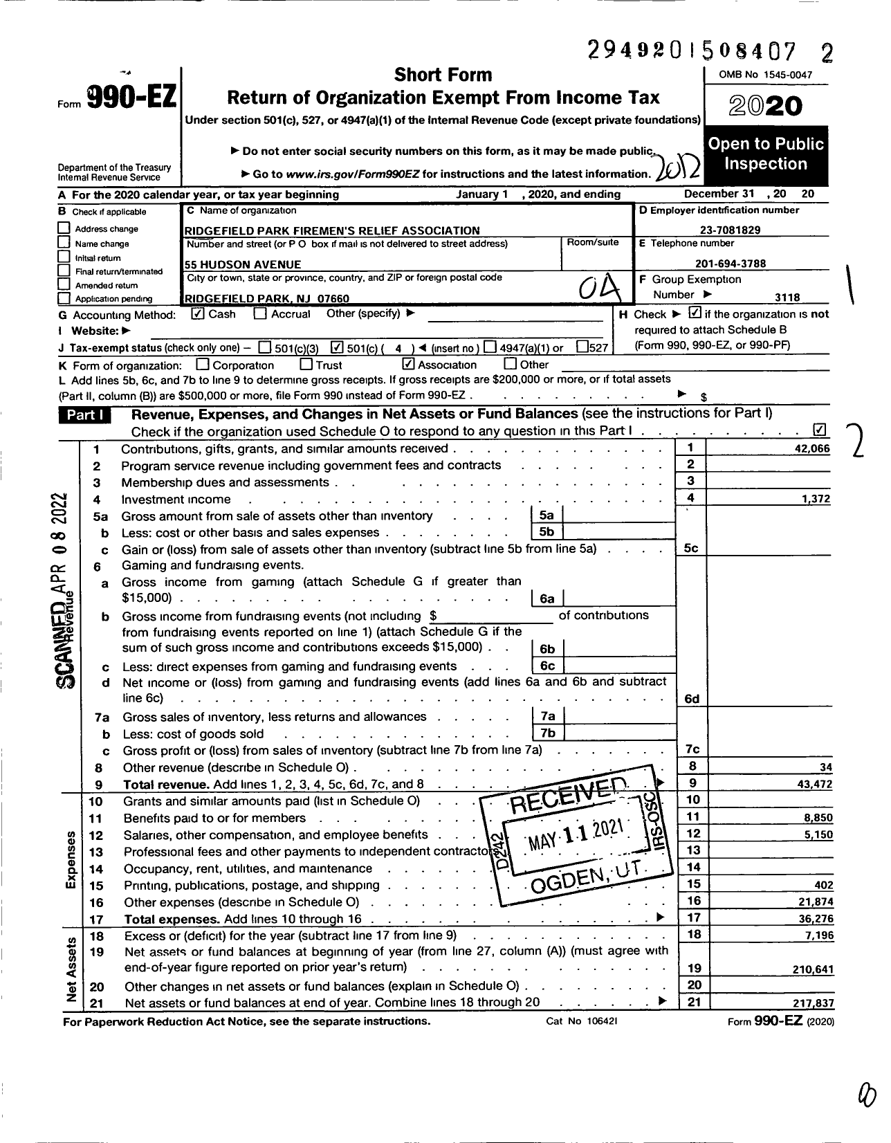 Image of first page of 2020 Form 990EO for New Jersey State Firemen's Association - Ridgefield Park