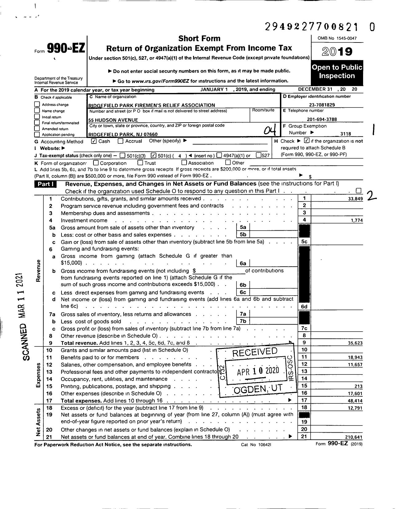 Image of first page of 2019 Form 990EO for New Jersey State Firemen's Association - Ridgefield Park