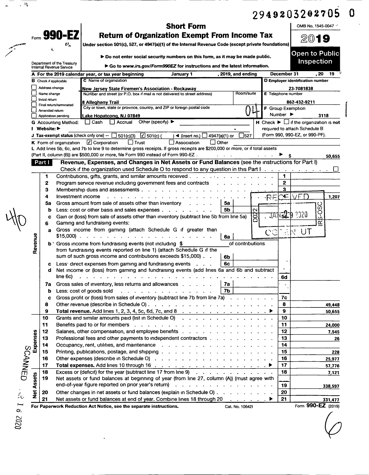 Image of first page of 2019 Form 990EO for New Jersey State Firemen's Association - Rockaway