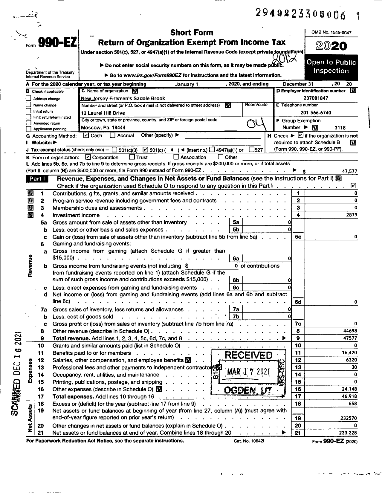 Image of first page of 2020 Form 990EO for New Jersey State Firemen's Association - Saddle Brook