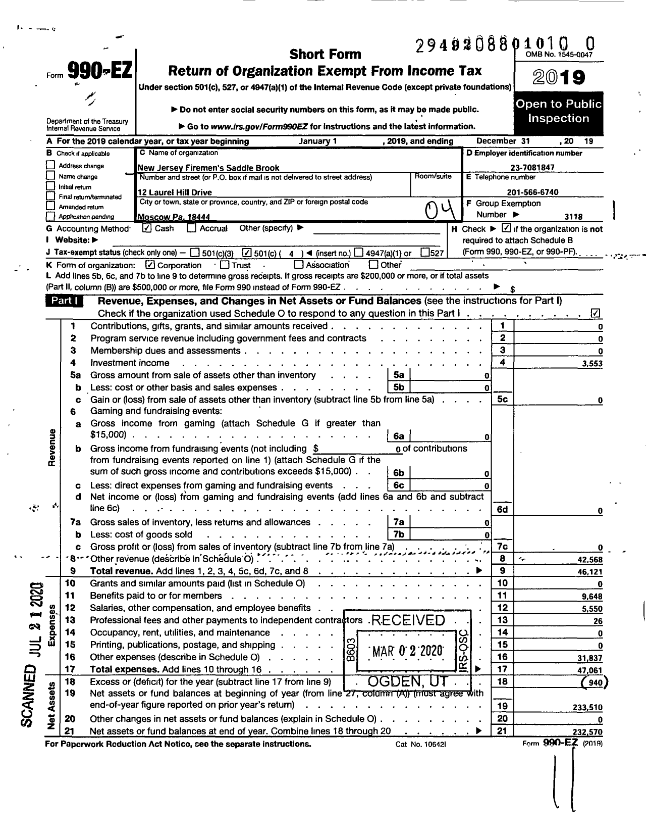 Image of first page of 2019 Form 990EO for New Jersey State Firemen's Association - Saddle Brook