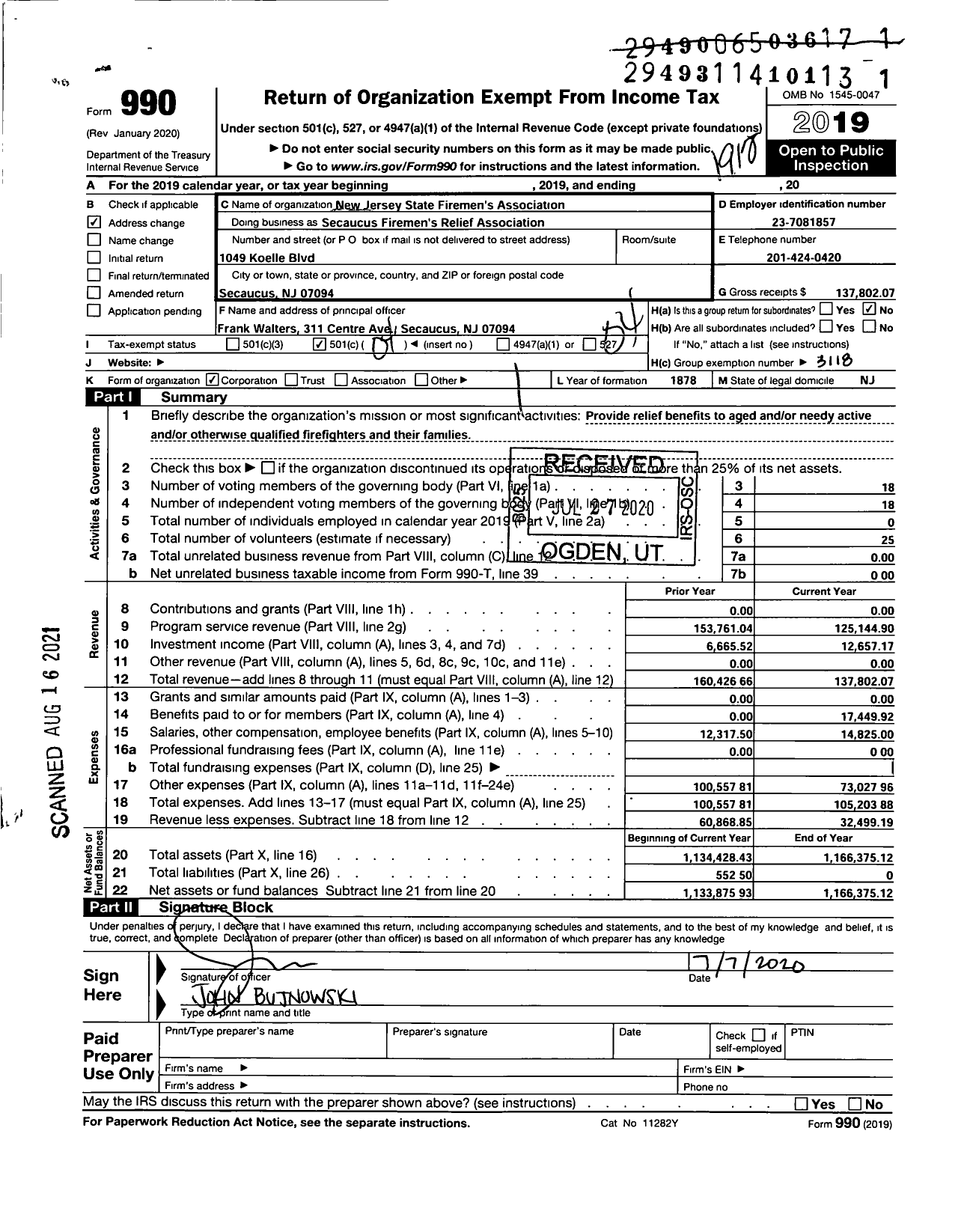 Image of first page of 2019 Form 990O for New Jersey State Firemen's Association - Secaucus Firemen's Relief Association