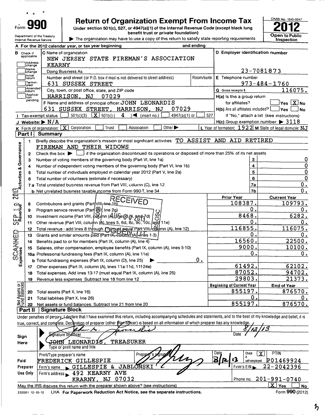 Image of first page of 2012 Form 990O for New Jersey State Firemen's Association - Spotswood