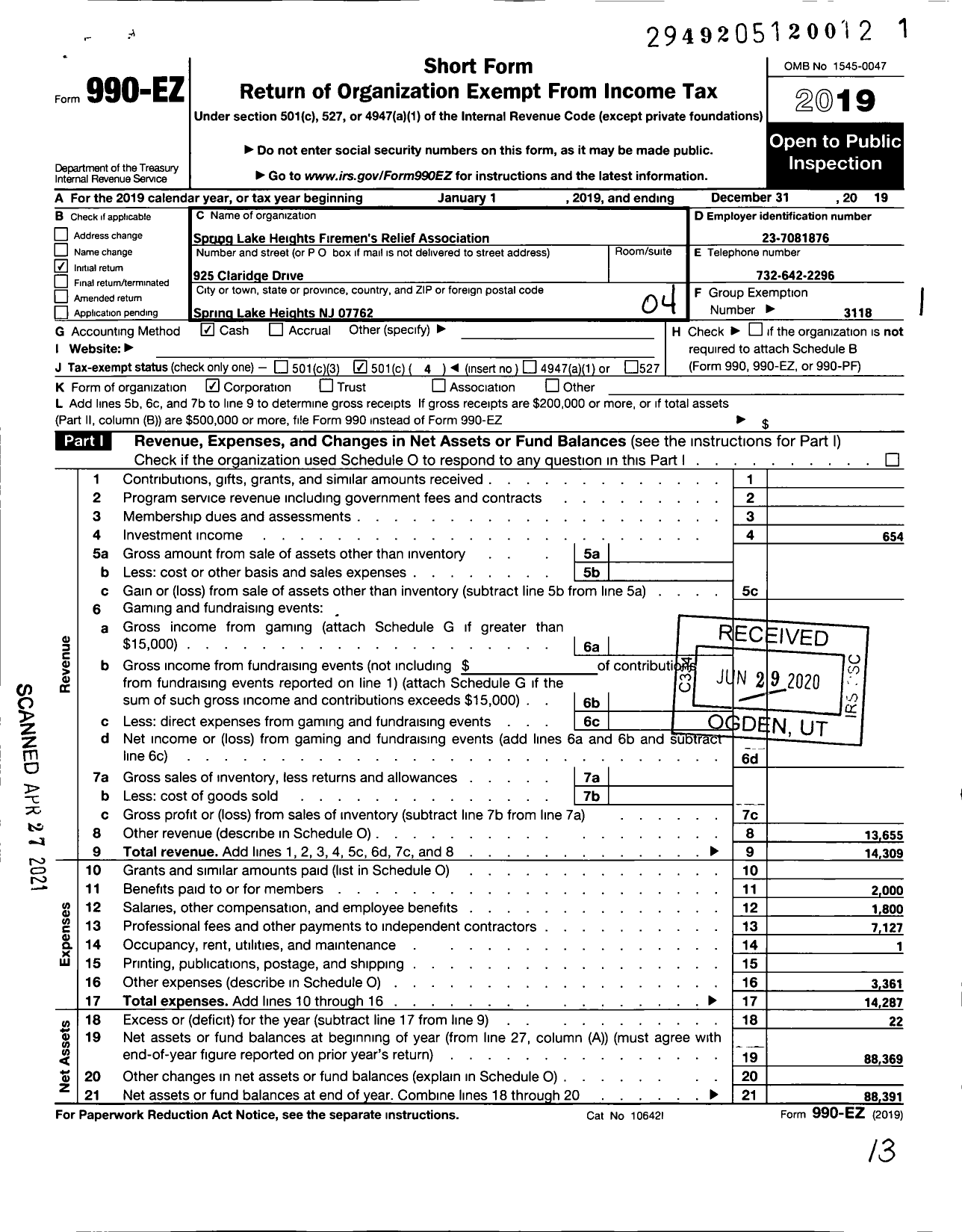 Image of first page of 2019 Form 990EO for New Jersey State Firemen's Association - Spring Lake HGHTS