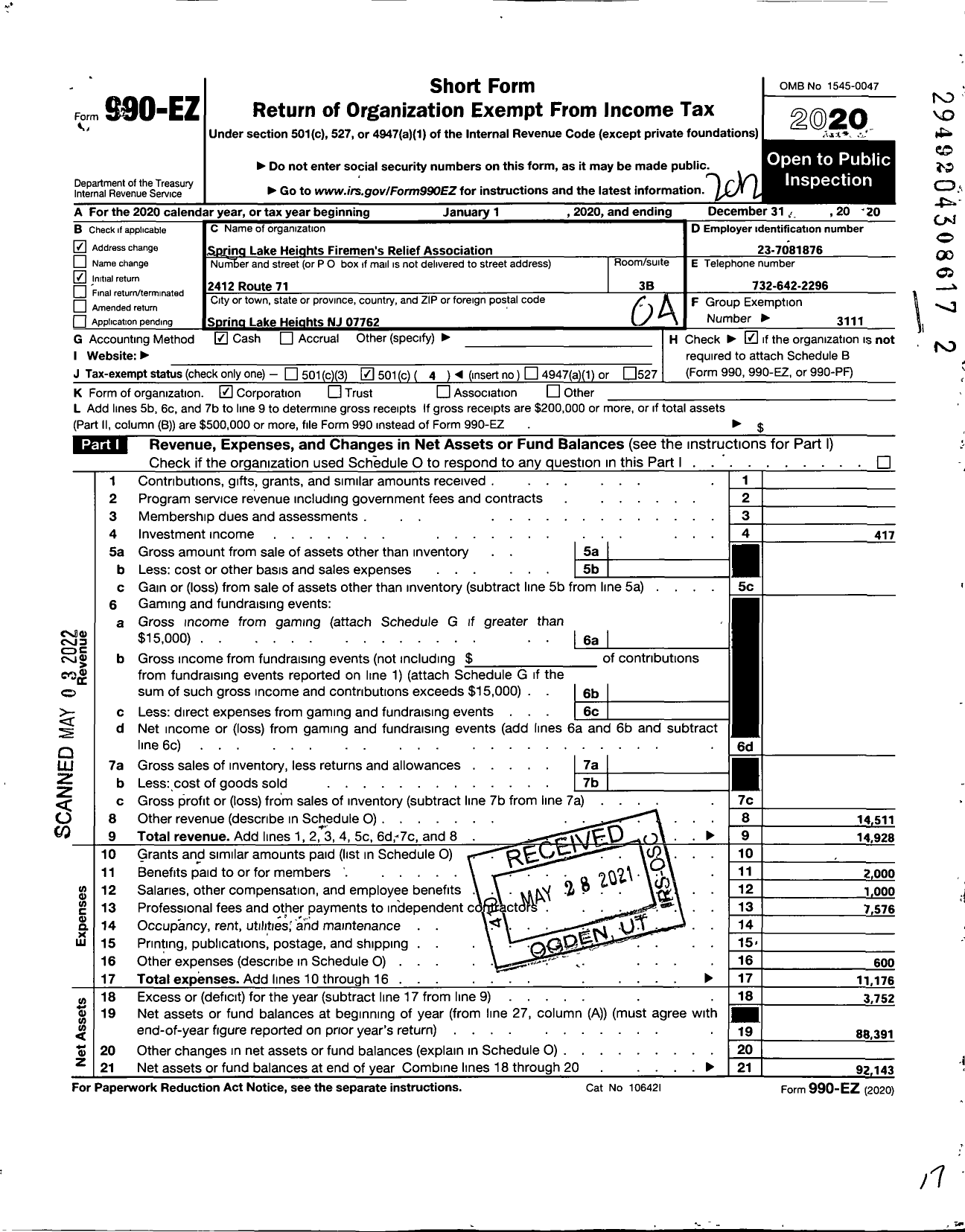 Image of first page of 2020 Form 990EO for New Jersey State Firemen's Association - Spring Lake HGHTS