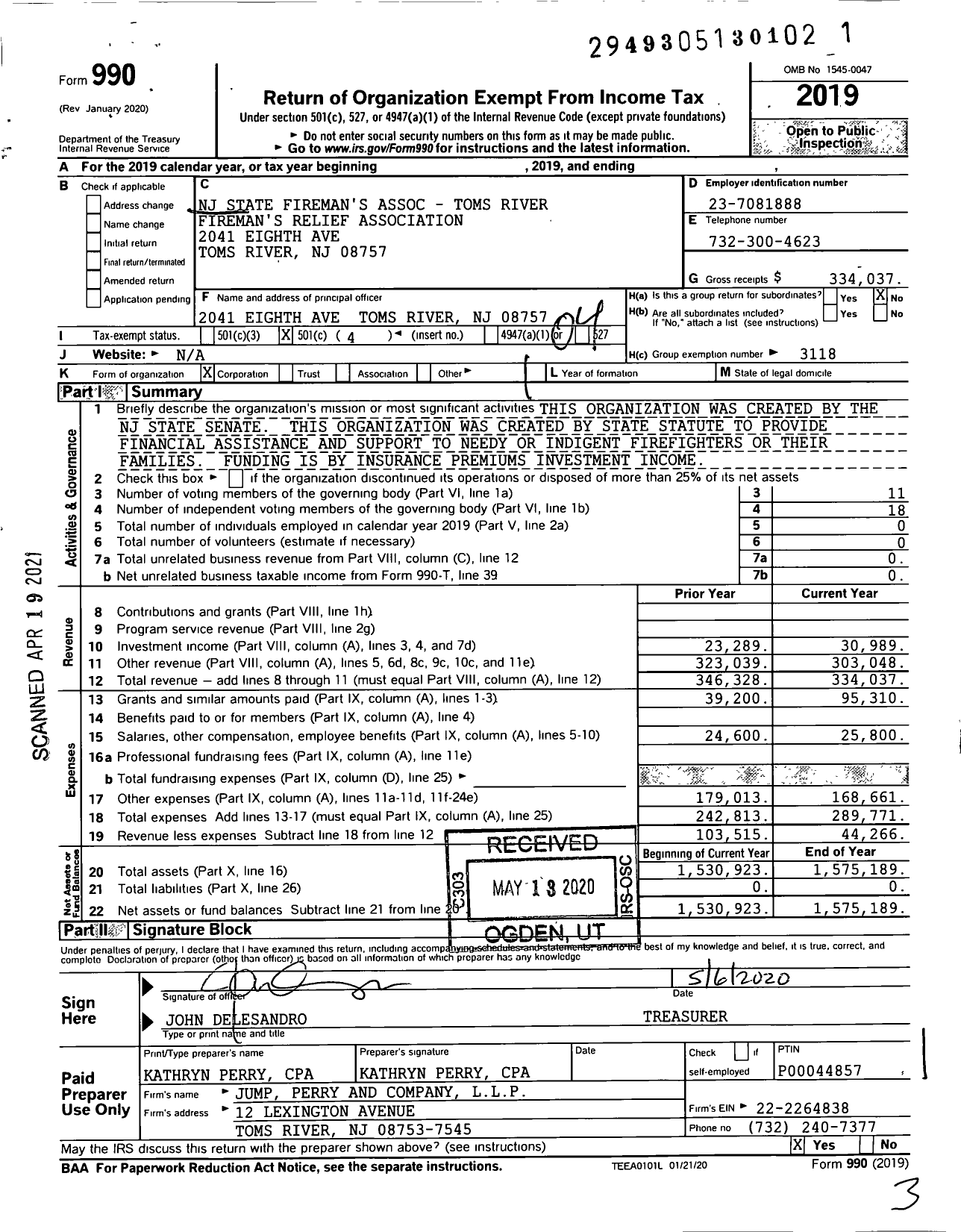 Image of first page of 2019 Form 990O for New Jersey State Firemen's Association - Toms River