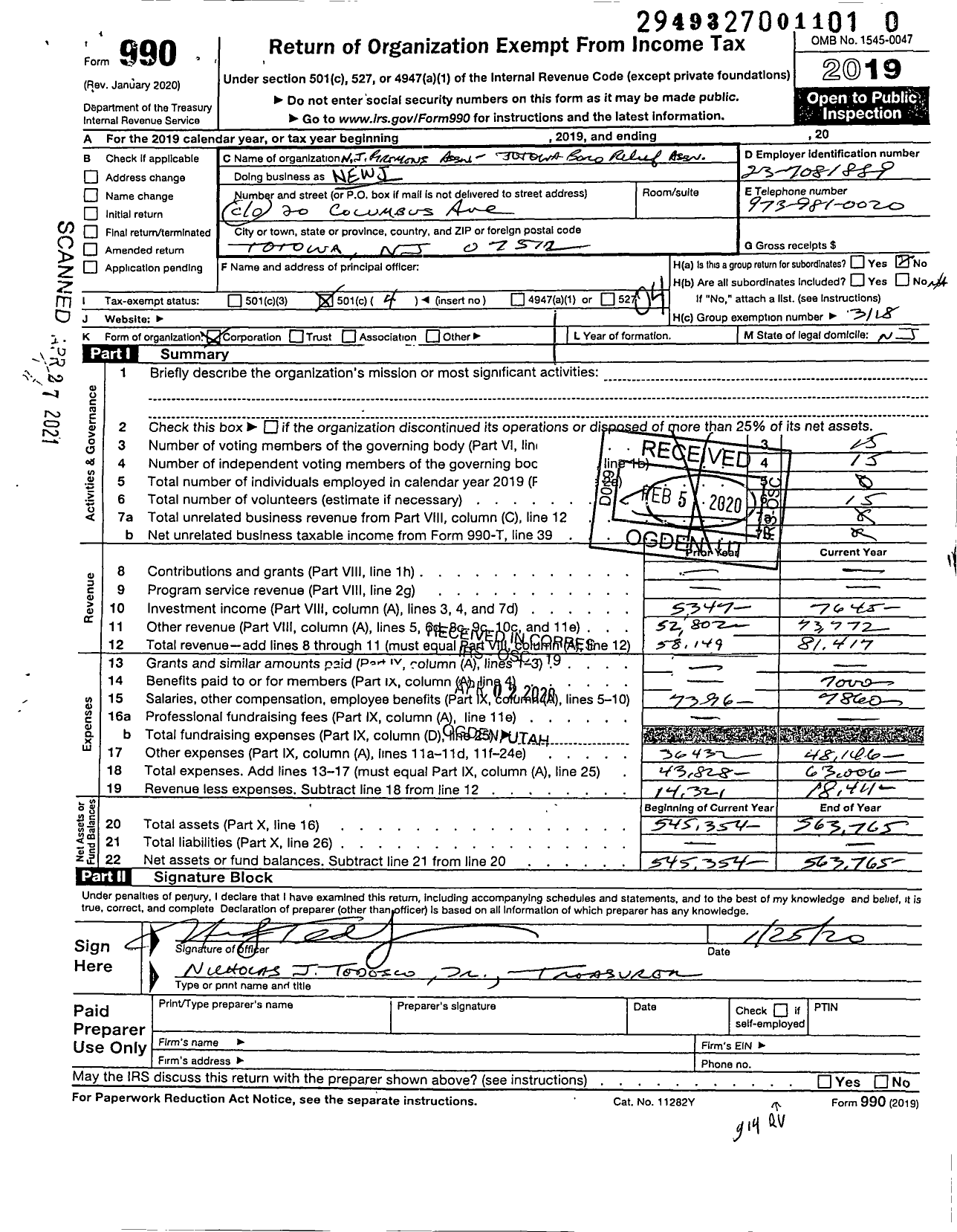 Image of first page of 2019 Form 990O for New Jersey State Firemen's Association - Totowa