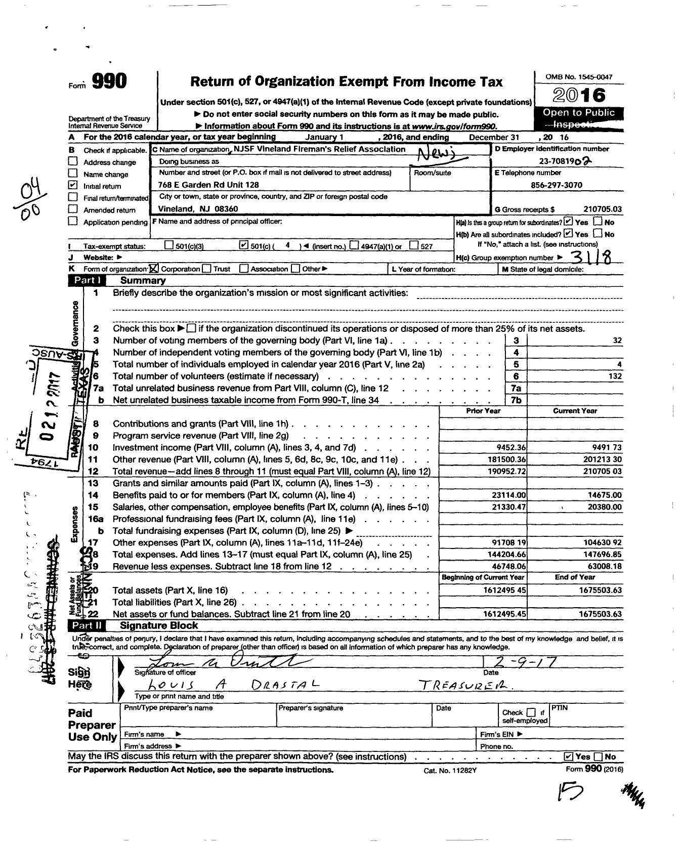 Image of first page of 2016 Form 990O for New Jersey State Firemen's Association - Vineland