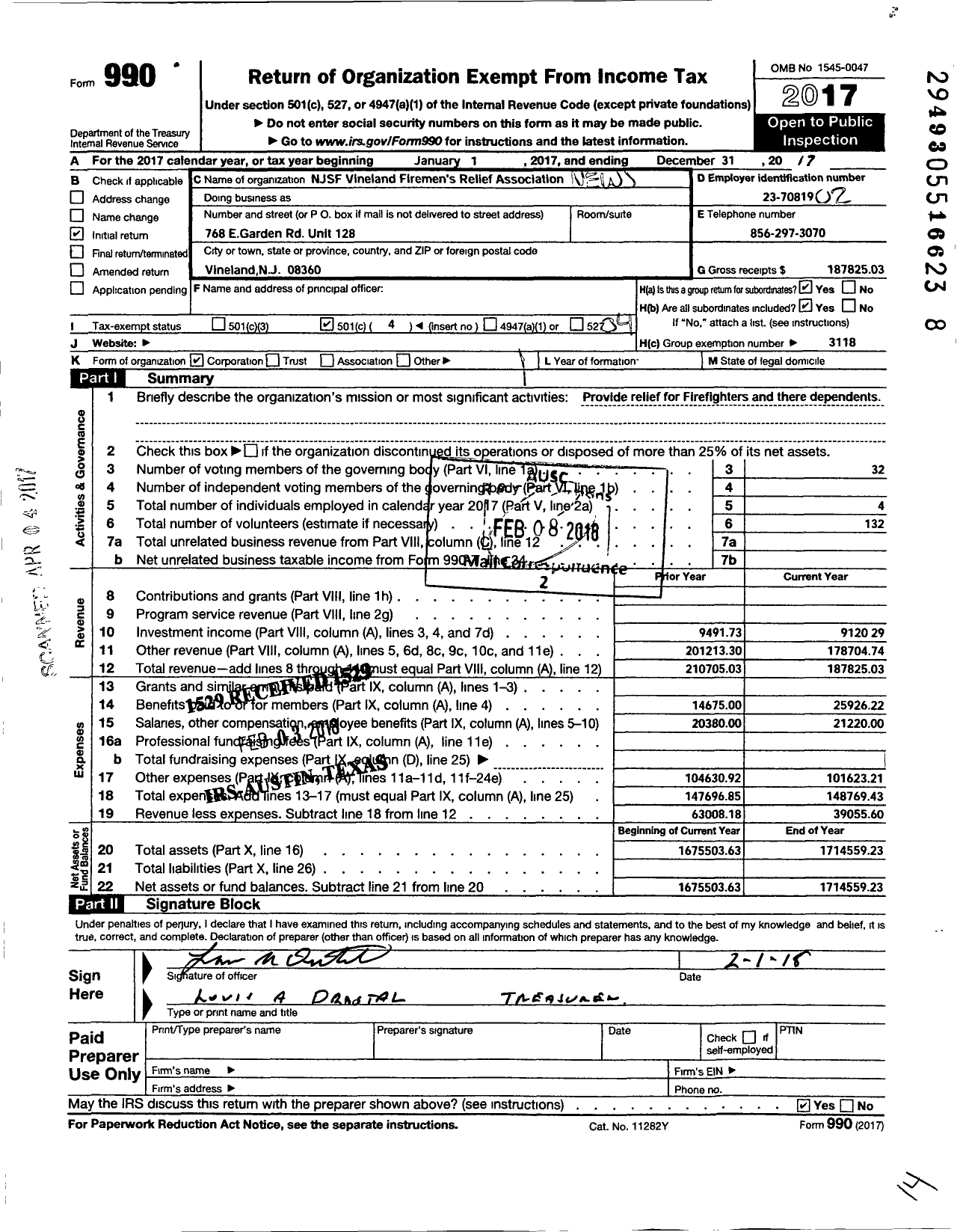 Image of first page of 2017 Form 990O for New Jersey State Firemen's Association - Vineland