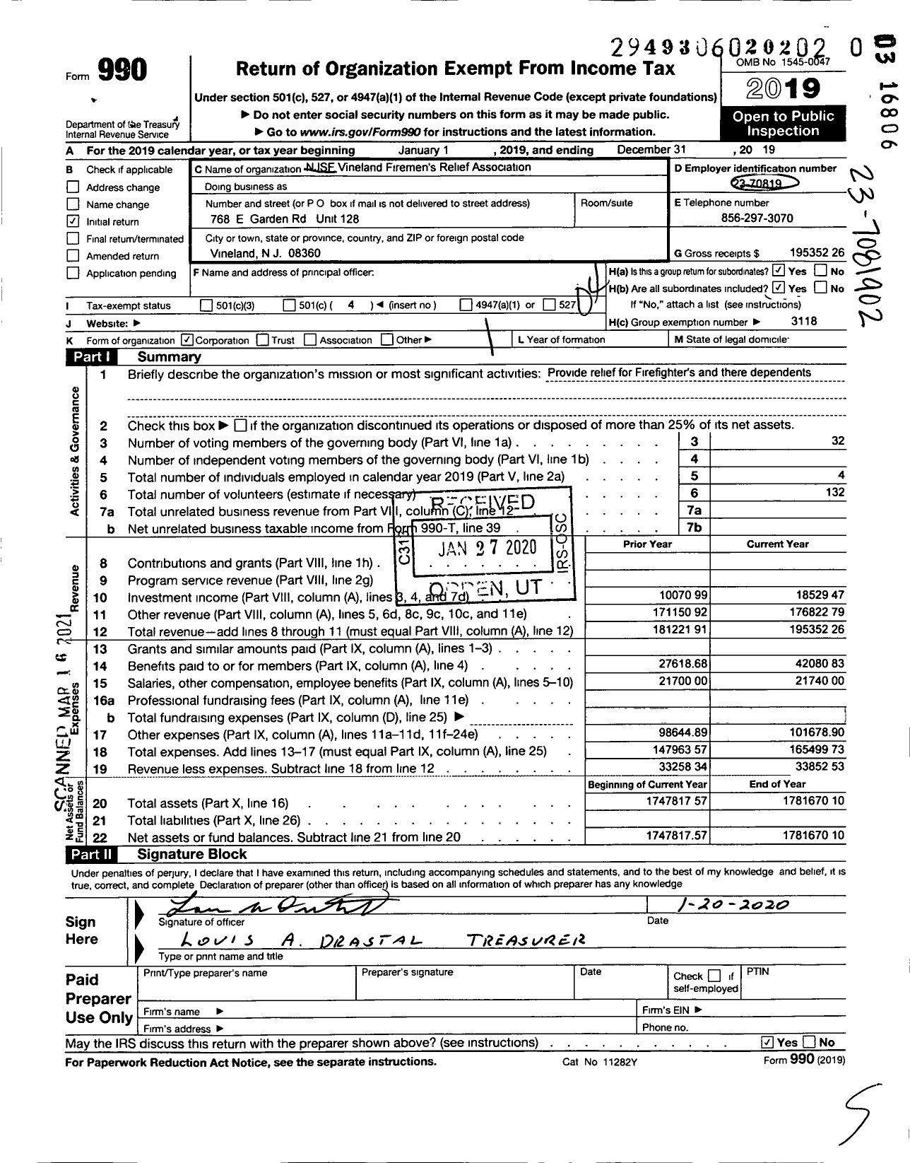 Image of first page of 2019 Form 990O for New Jersey State Firemen's Association - Vineland
