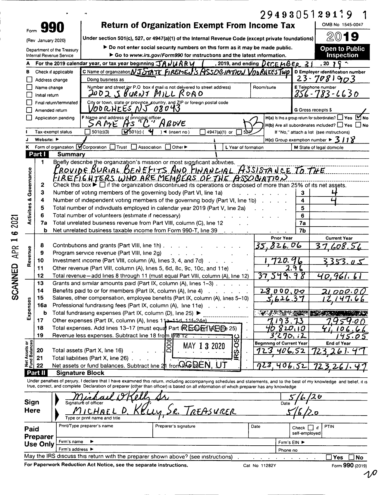 Image of first page of 2019 Form 990 for New Jersey State Firemen's Association - Voorhees TWSP