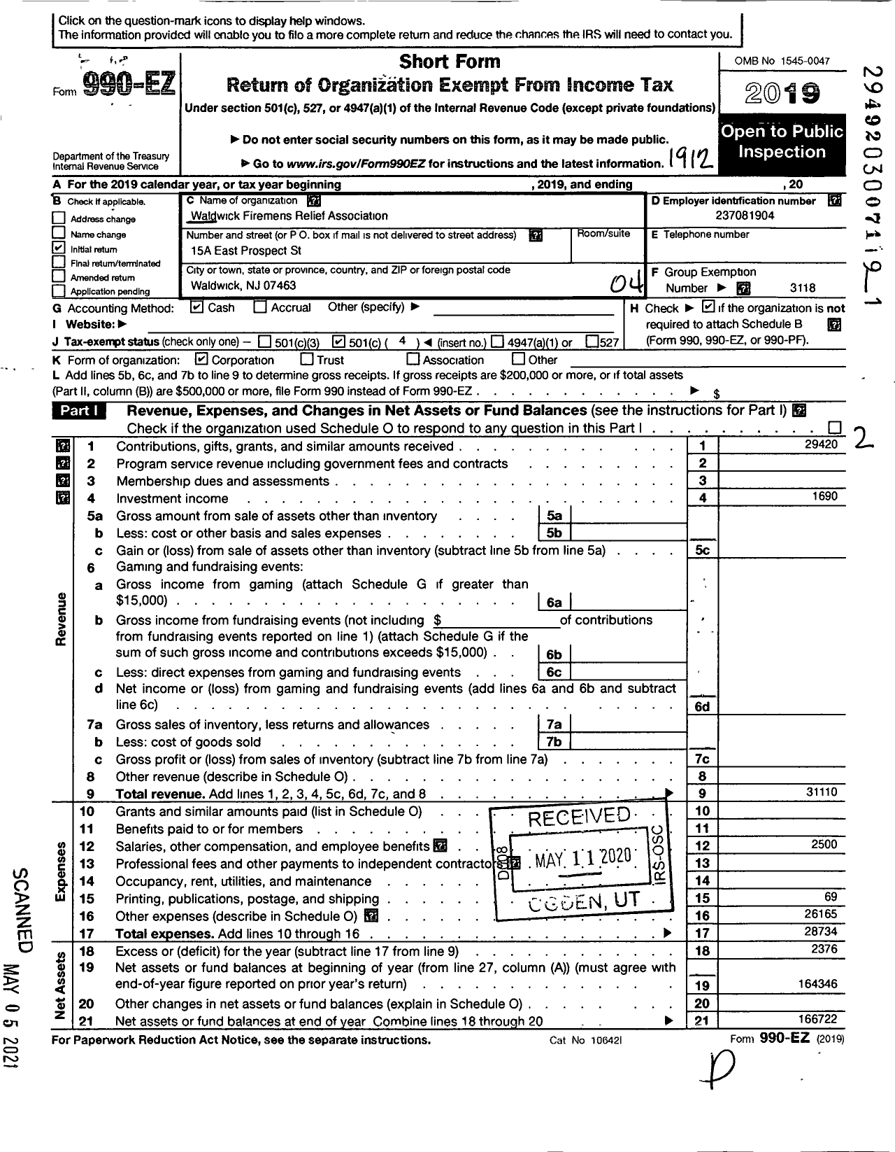 Image of first page of 2019 Form 990EO for New Jersey State Firemen's Association - Waldwick