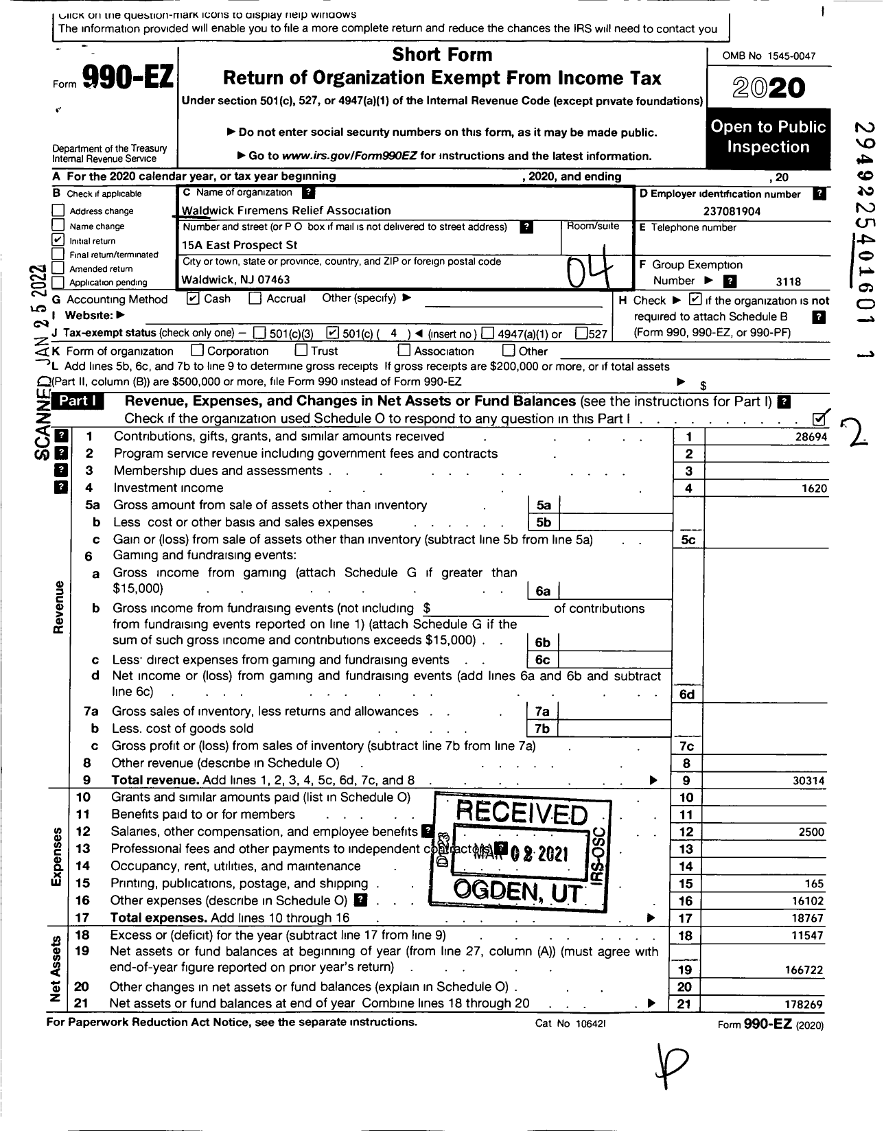 Image of first page of 2020 Form 990EO for New Jersey State Firemen's Association - Waldwick