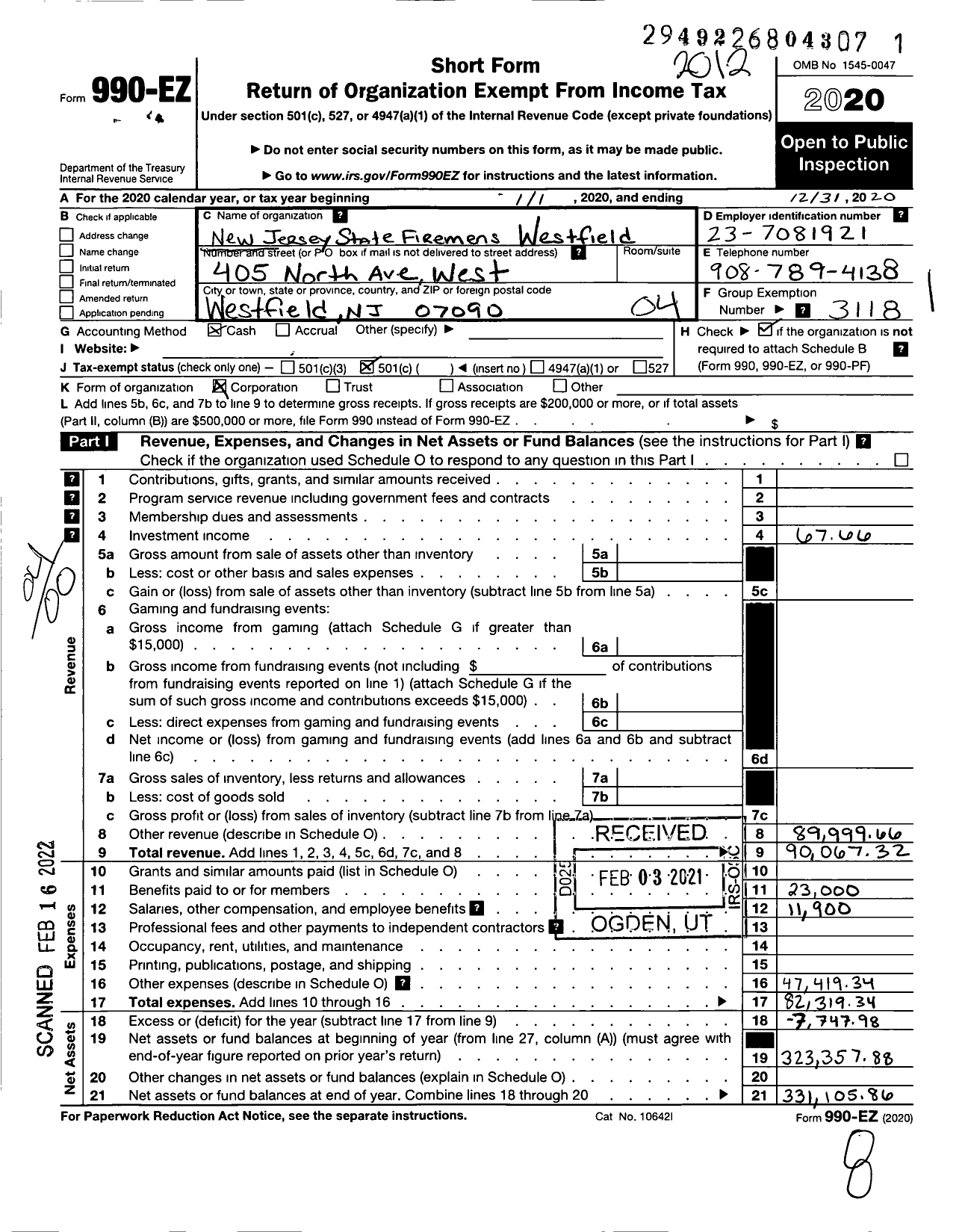 Image of first page of 2020 Form 990EO for New Jersey State Firemen's Association - Westfield