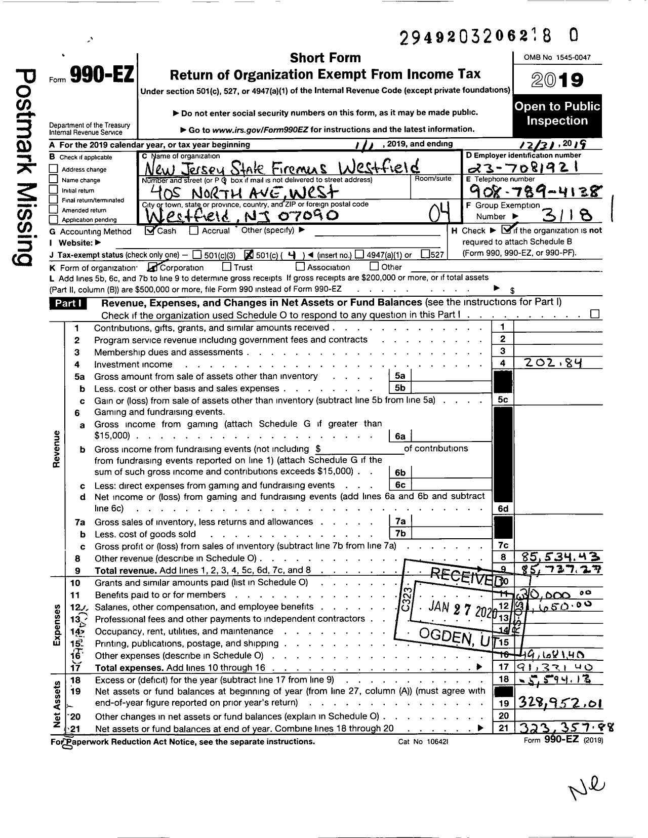 Image of first page of 2019 Form 990EO for New Jersey State Firemen's Association - Westfield