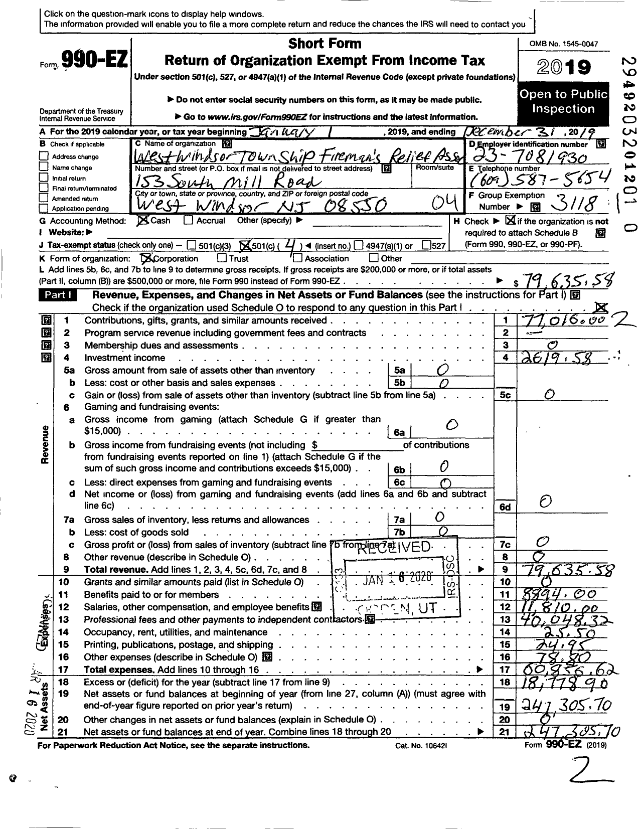 Image of first page of 2019 Form 990EO for NEW JERSEY STATE Firemen's ASSOCIATION - West Windsor TWSP