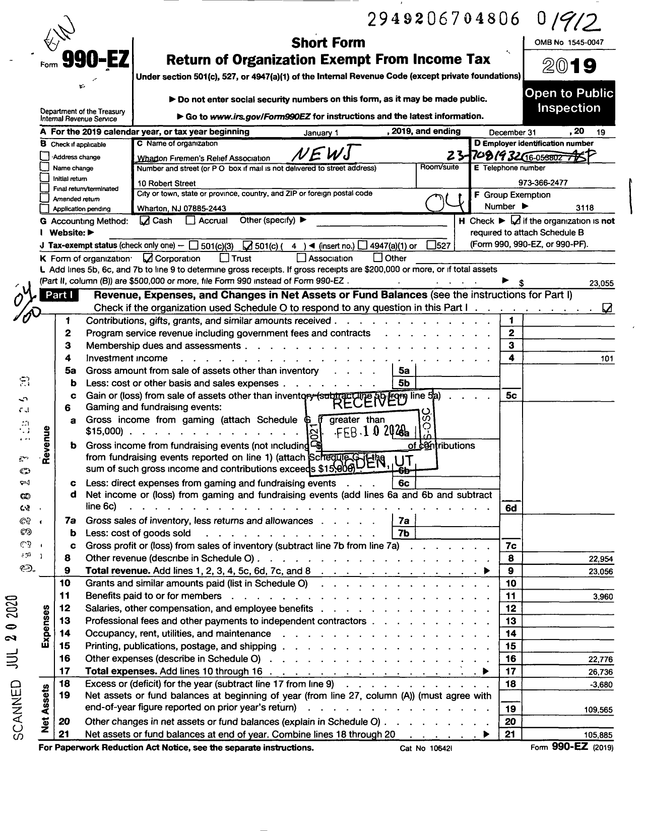 Image of first page of 2019 Form 990EO for New Jersey State Firemen's Association - Wharton