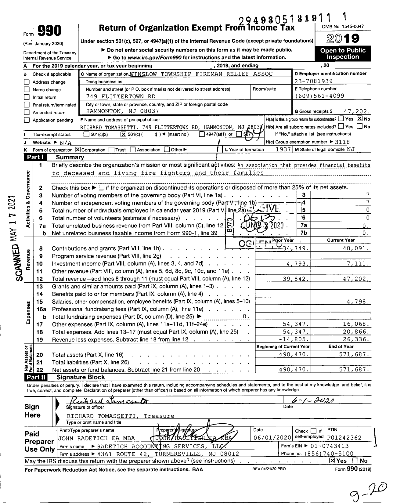 Image of first page of 2019 Form 990O for New Jersey State Firemen's Association - Winslow TWSP