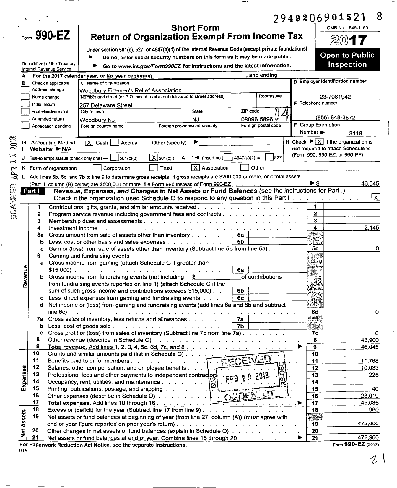 Image of first page of 2017 Form 990EO for New Jersey State Firemen's Association - Woodbury