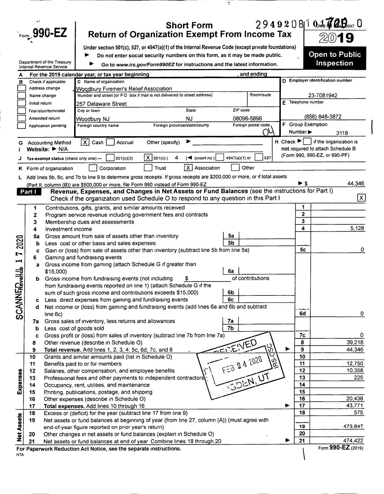 Image of first page of 2019 Form 990EO for New Jersey State Firemen's Association - Woodbury