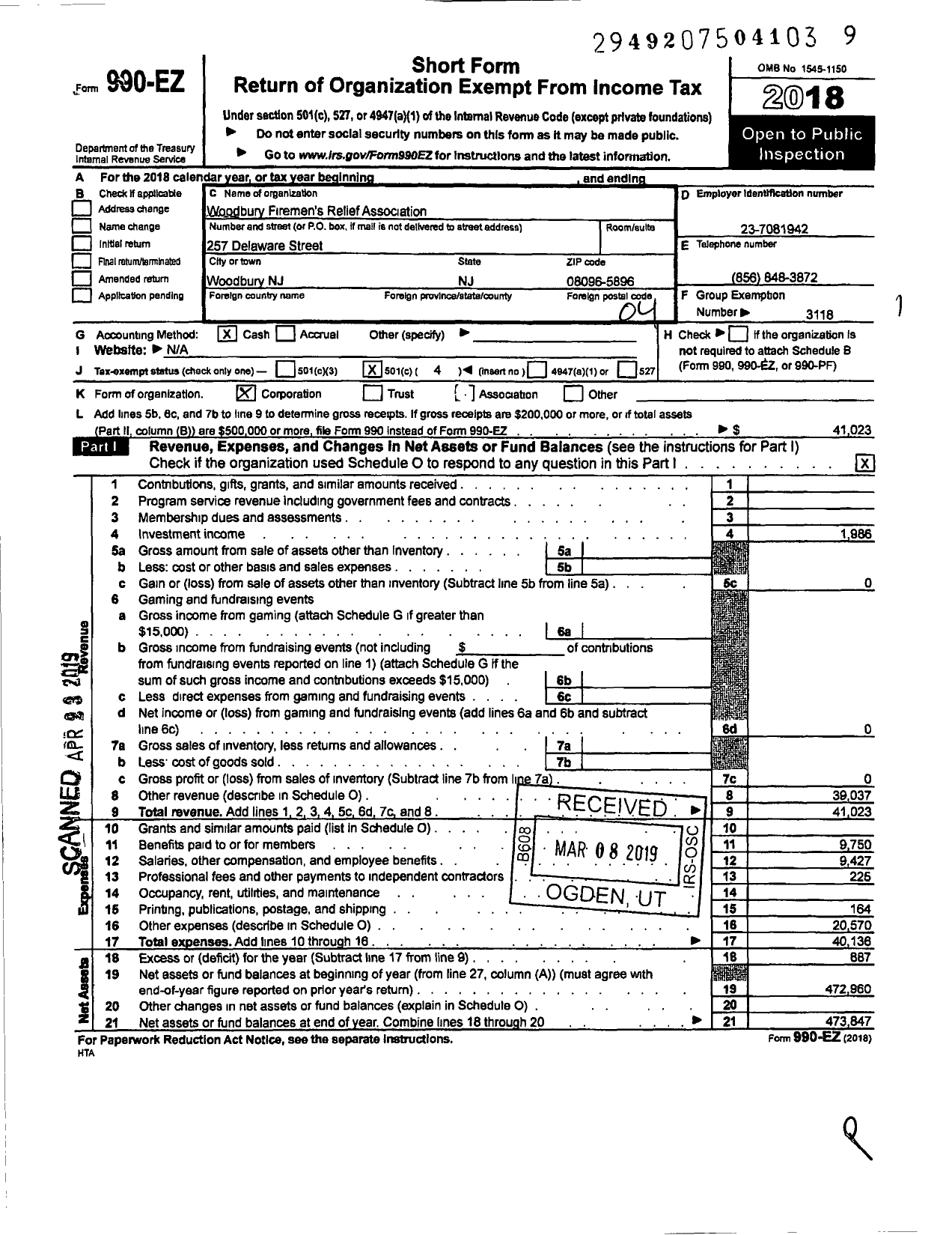 Image of first page of 2018 Form 990EO for New Jersey State Firemen's Association - Woodbury