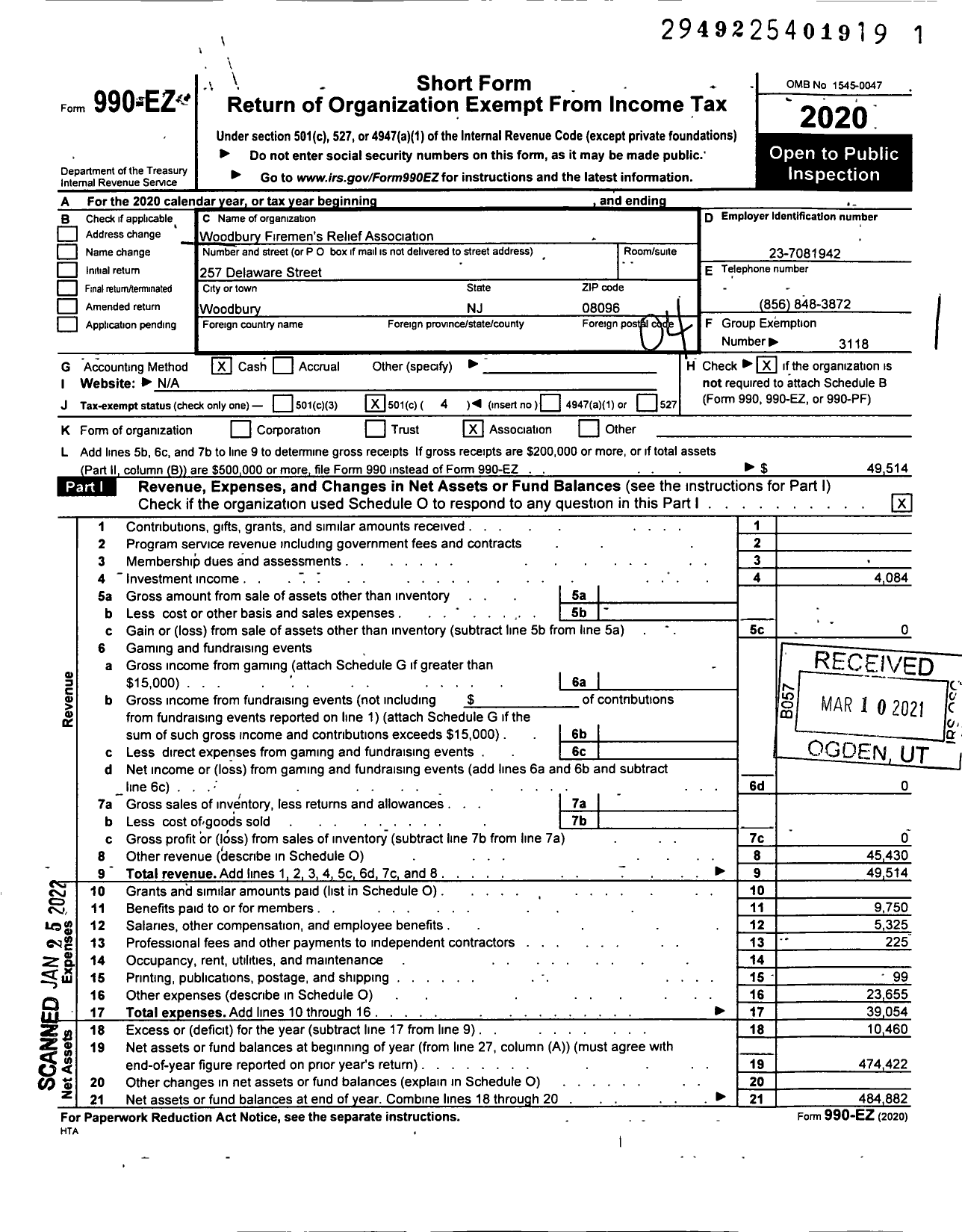 Image of first page of 2020 Form 990EO for New Jersey State Firemen's Association - Woodbury