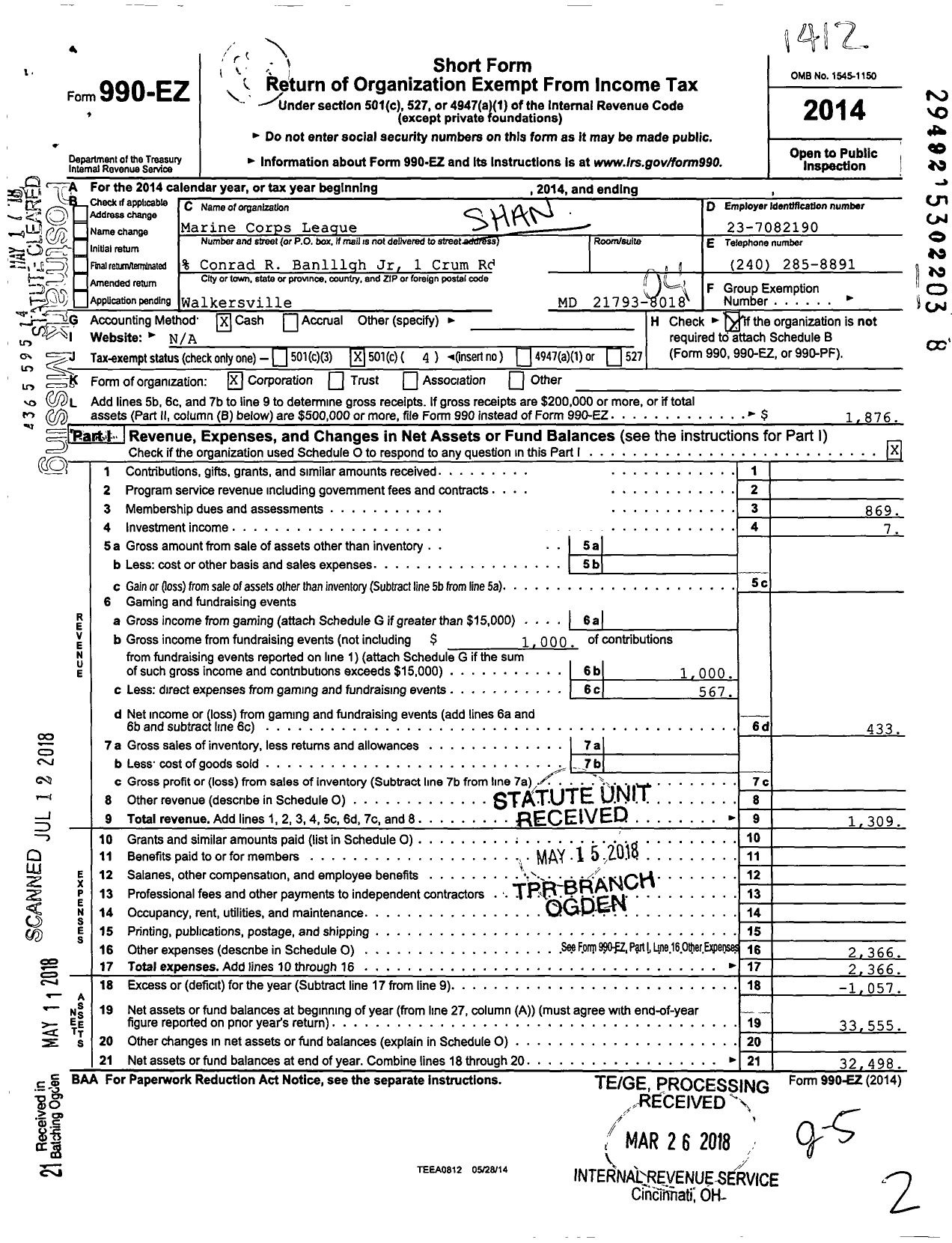 Image of first page of 2014 Form 990EO for Marine Corps League